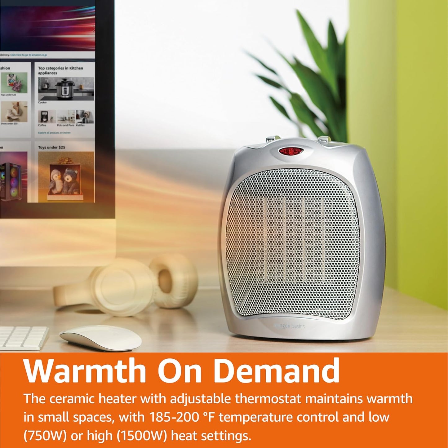 Amazon Basics Ceramic Space Heater, Portable Indoor Heating Solution, With Overheat and Tip-Over Protection, Thermostat, Non-Oscillating, 1500W, Fast Heating, 7.52"D x 6.34"W x 9.45"H, Silver