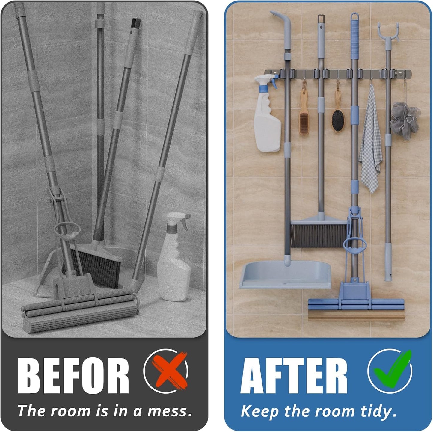 4 Racks 5 Hooks Mop and Broom Holder Wall Mount, Stainless Steel, Heavy Duty Hanger Tool Storage Organizer, Solid Non-slip, for Home, Kitchen, Garden, Laundry Room, Garage, Silver