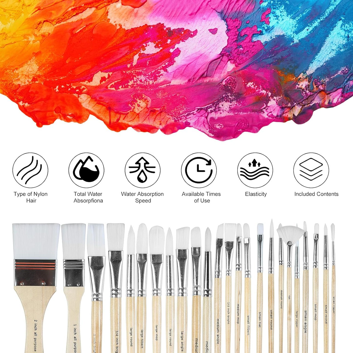 Paint Brushes Set of 24 Pieces Wooden Handles Brushes with Canvas Brus