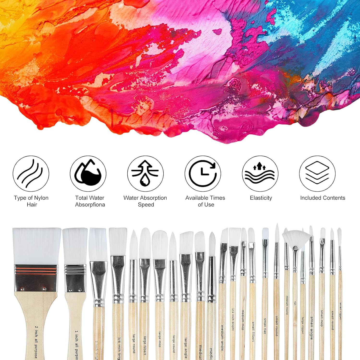 Paint Brushes Set of 24 Pieces Wooden Handles Brushes with Canvas Brus