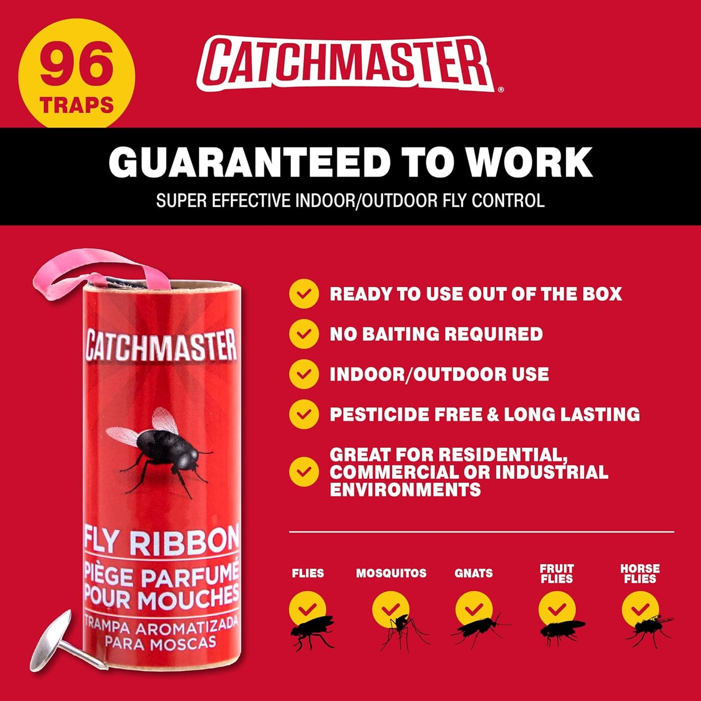 Catchmaster Fly Ribbon 96-Pack, Bug & Fruit Fly Traps Outdoor and Indo