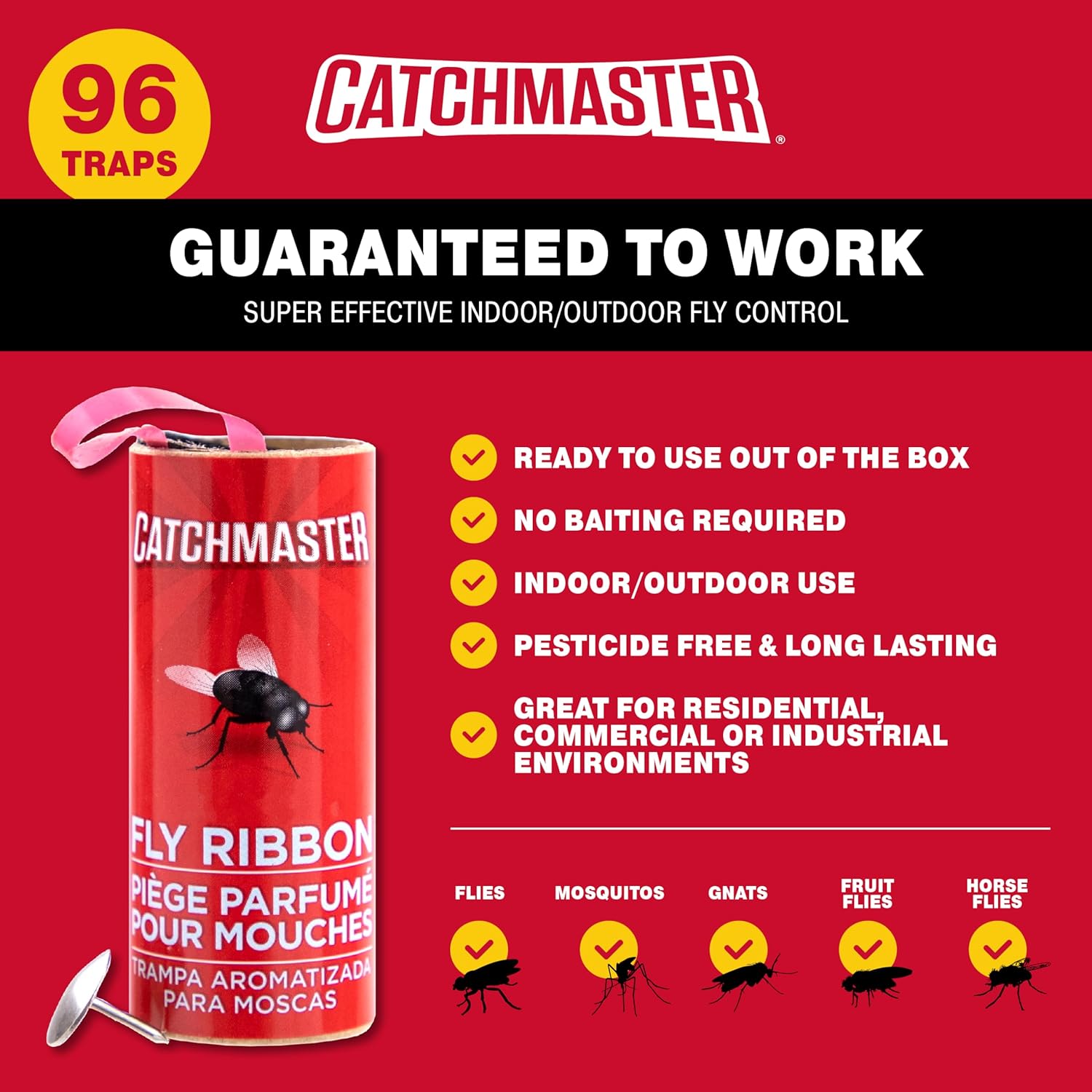 Catchmaster Fly Ribbon 96-Pack, Bug & Fruit Fly Traps Outdoor and Indo
