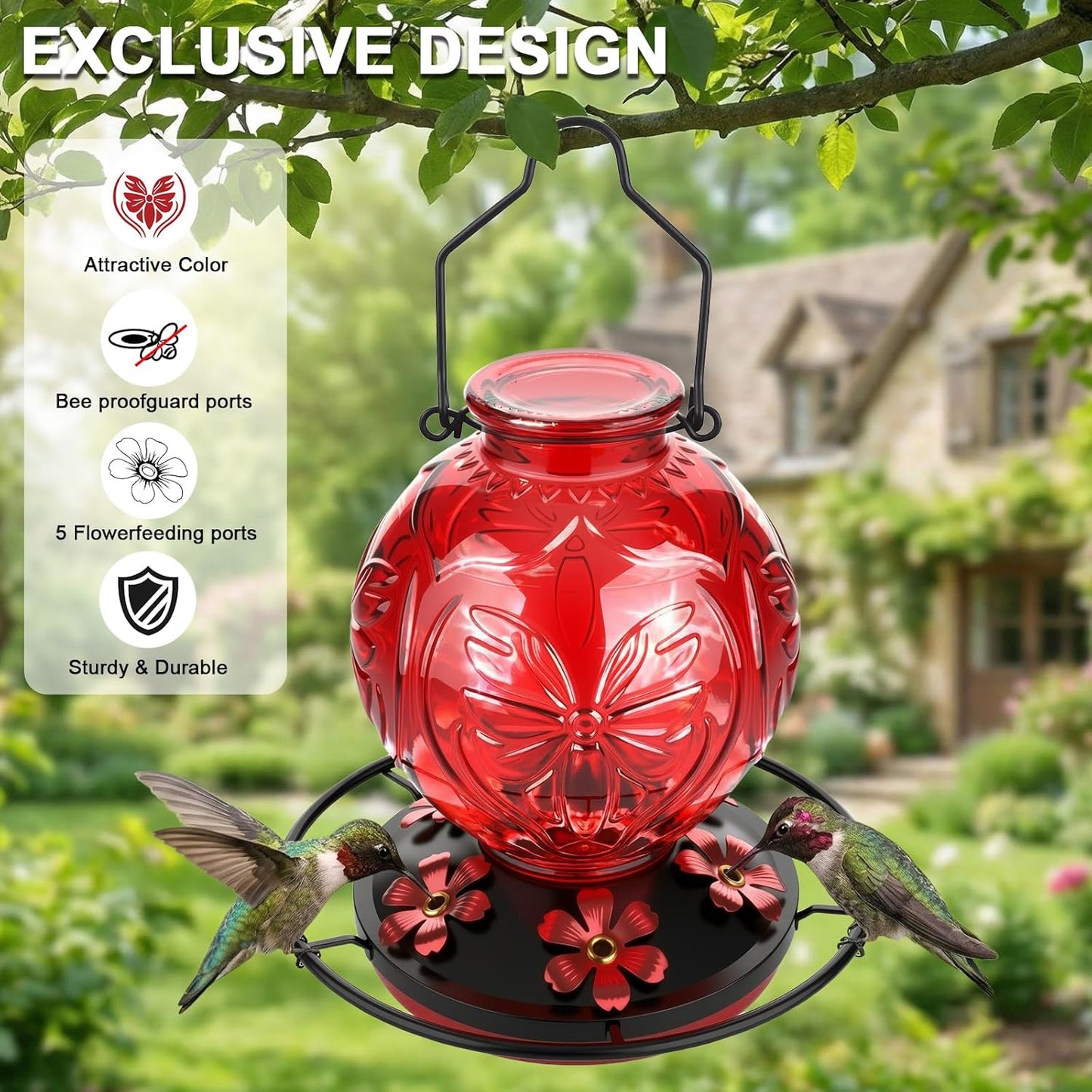 Glass Hummingbird Feeder for Outdoors Hanging, 25Oz Humming Bird Necta