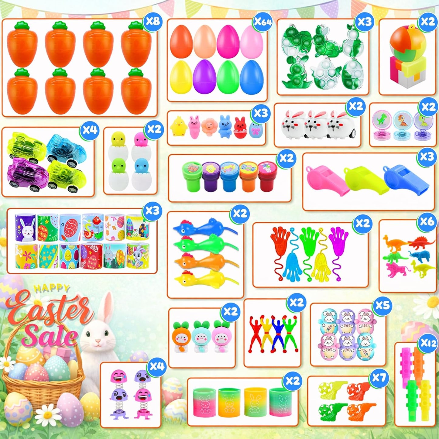 72 Pack Prefilled Easter Eggs with Toys Inside, Plastic Eggs Fillers Basket Stuffers with Surprise Carrot Eggs Hunt Games Party Favors Save Time Gifts