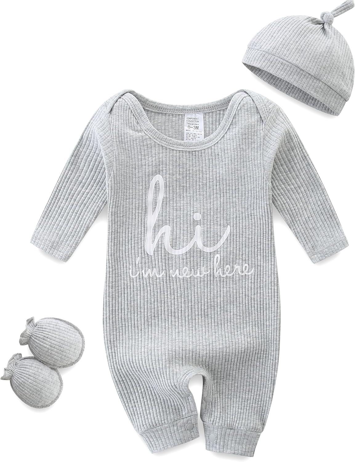 Baby Romper with Baby Mittens & Newborn Hats Footless Long Sleeve Soli