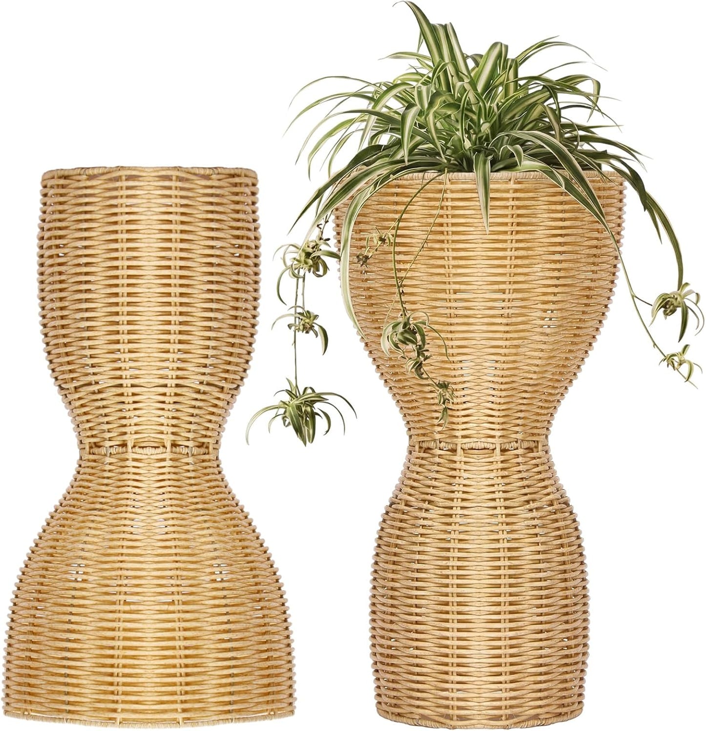 2 Pcs 20 in Tall Wicker Reversible Outdoor Planter Basket Boho Rattan Plant Pots Decorative Woven Flower Pots for Porch Home Patio Backyard Indoor Garden, Dual Size 12 Inch 8 Inch