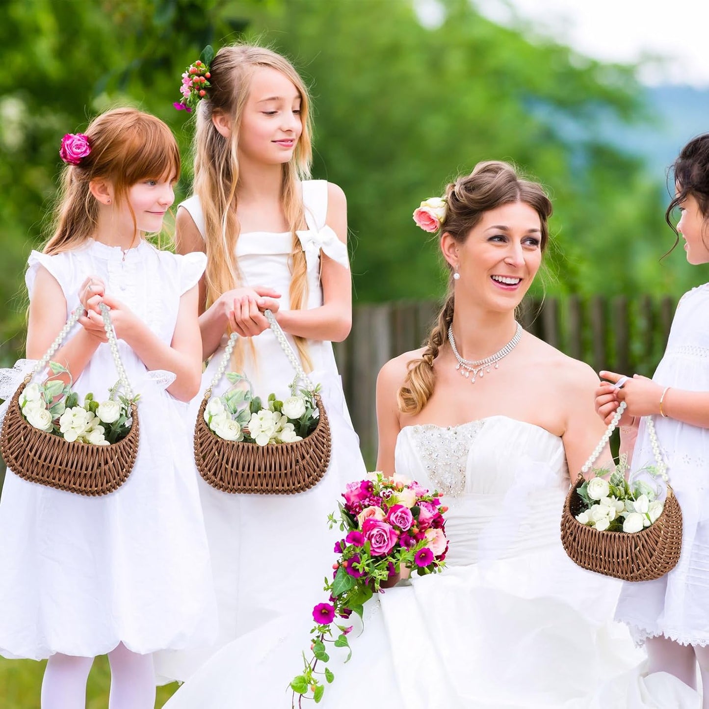 Taiyin 2 Pcs Rattan Flower Girl Basket with Pearl Handle Small Half Moon Wicker Basket for Wedding Flower Girl Picnic Garden Storage and Home Decor (Dark Brown)