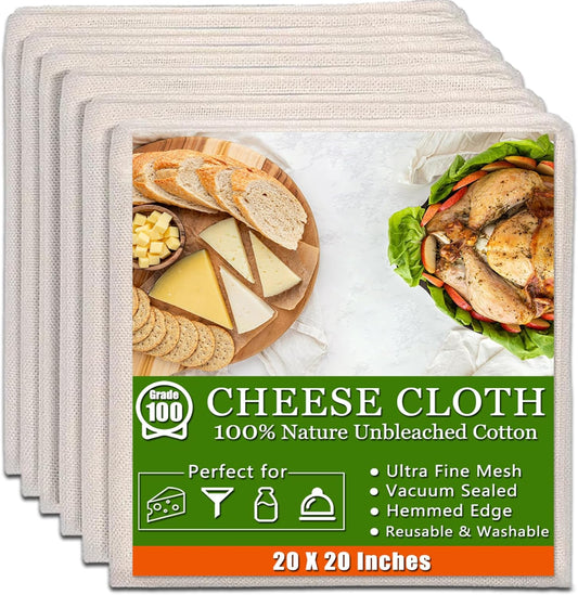 6 Pcs Cheese Cloths, 20x20 Inch, 100% Unbleached Cotton, Grade 100 Reu