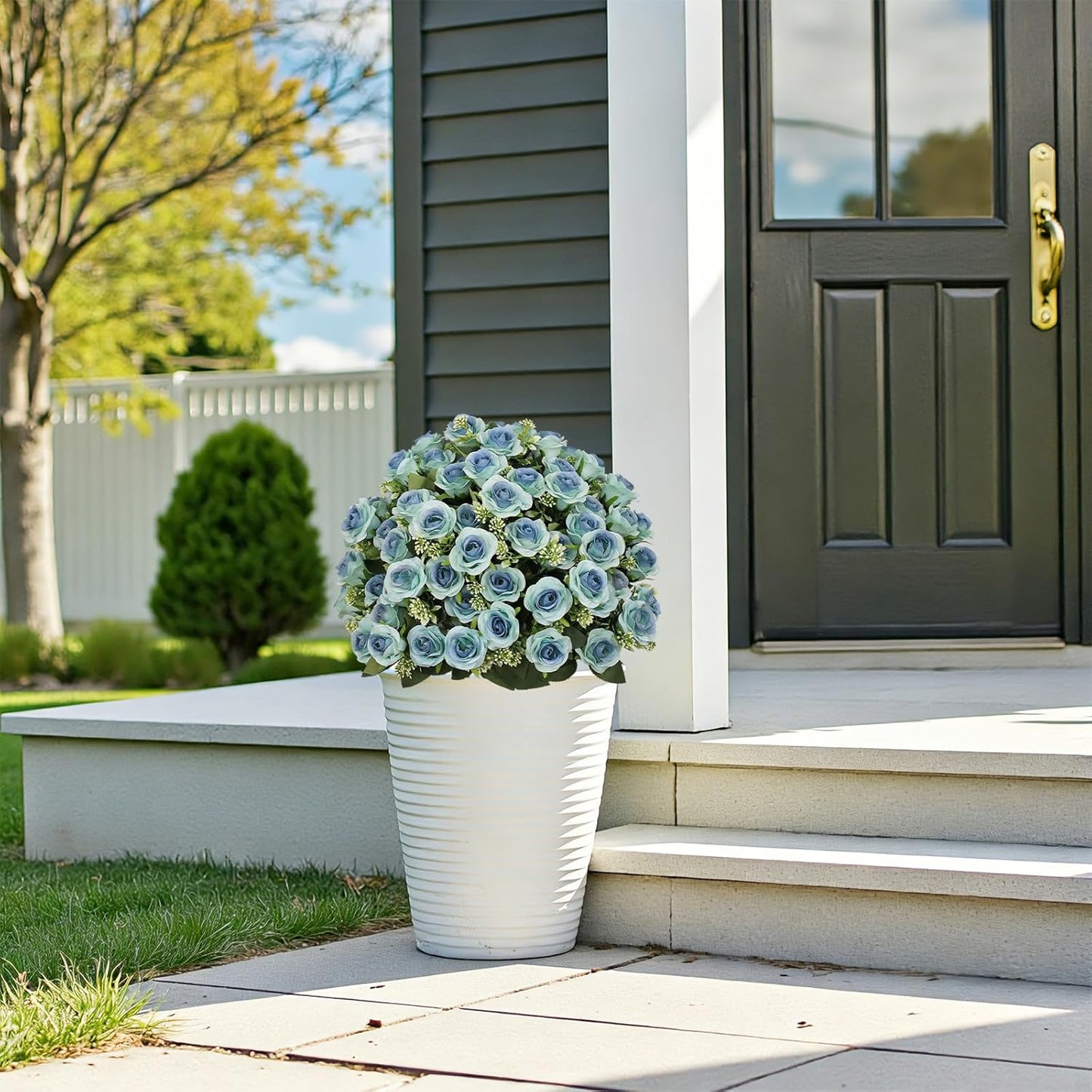 24” Artificial Flowers for Outdoors, Set of 2 Realistic Faux Blue Roses in Cement Pots, UV Resistant Fake Plants Look Real for Front Porch, Entryway & Indoor Spring Decor