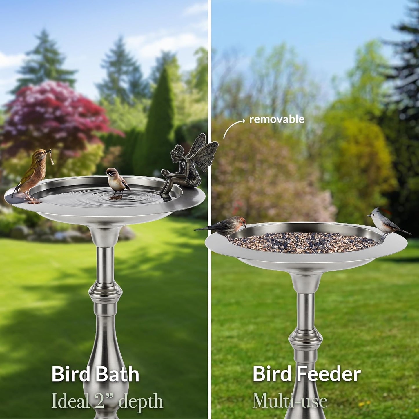 Pewter Pedestal Bird Bath with Fairy Statue, Free Standing Bird Bath, for Outside Backyard, Outdoor Patio, Garden, Birdbath by Good Feeder Gift for Bird Lovers, Large Aluminum Pewter