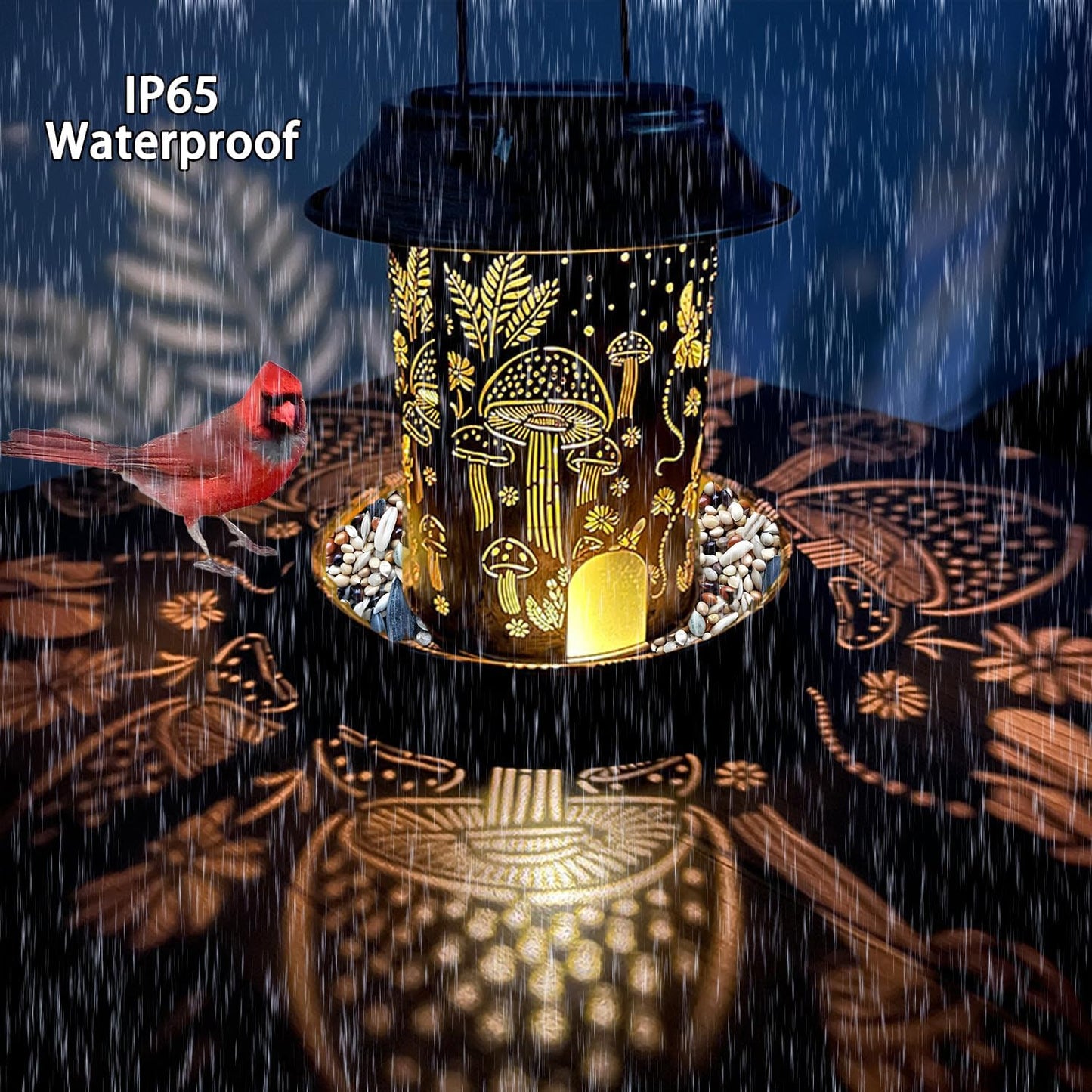 Solar Bird Feeder,Metal Wild Bird Feeders for Outdoor Hanging, Waterproof Outside Large birdfeeders for Cardinals,Mushroom Shaped Solar Garden Decor Lantern as Gift for Bird Lovers