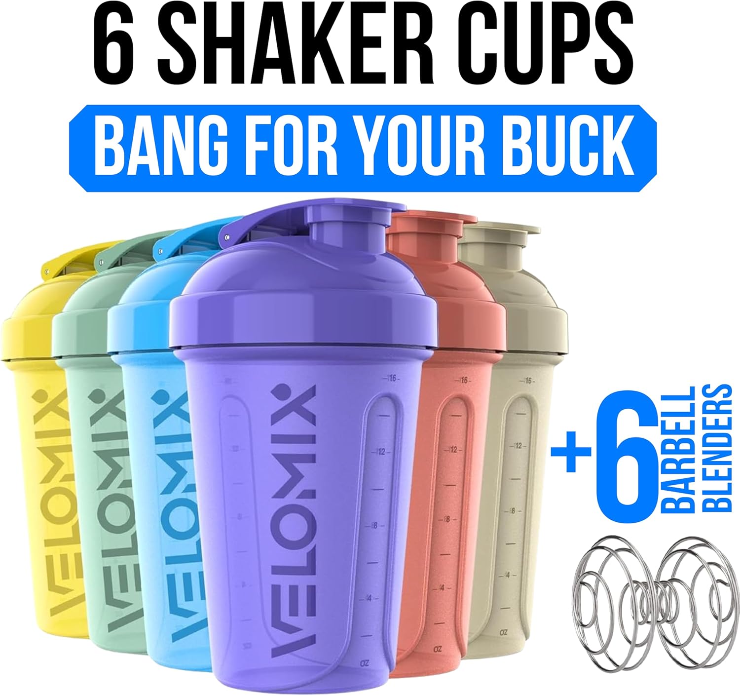 VELOMIX -6 PACK- 20 oz Protein Shaker Bottle for Protein Mixes - 6x Wi
