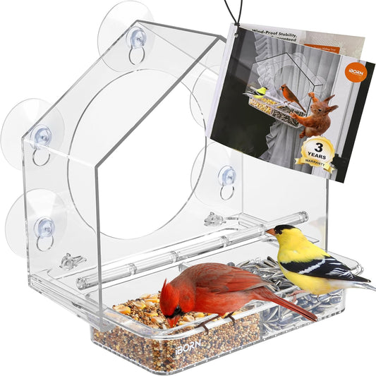iBorn 2026 New Window Bird Feeders for Outdoors Wind-Proof Tray Lock,Cardinal Bird Feeder with Strong Suction Cups for Window Birds Watching, Chewproof PC, for Parent &Child