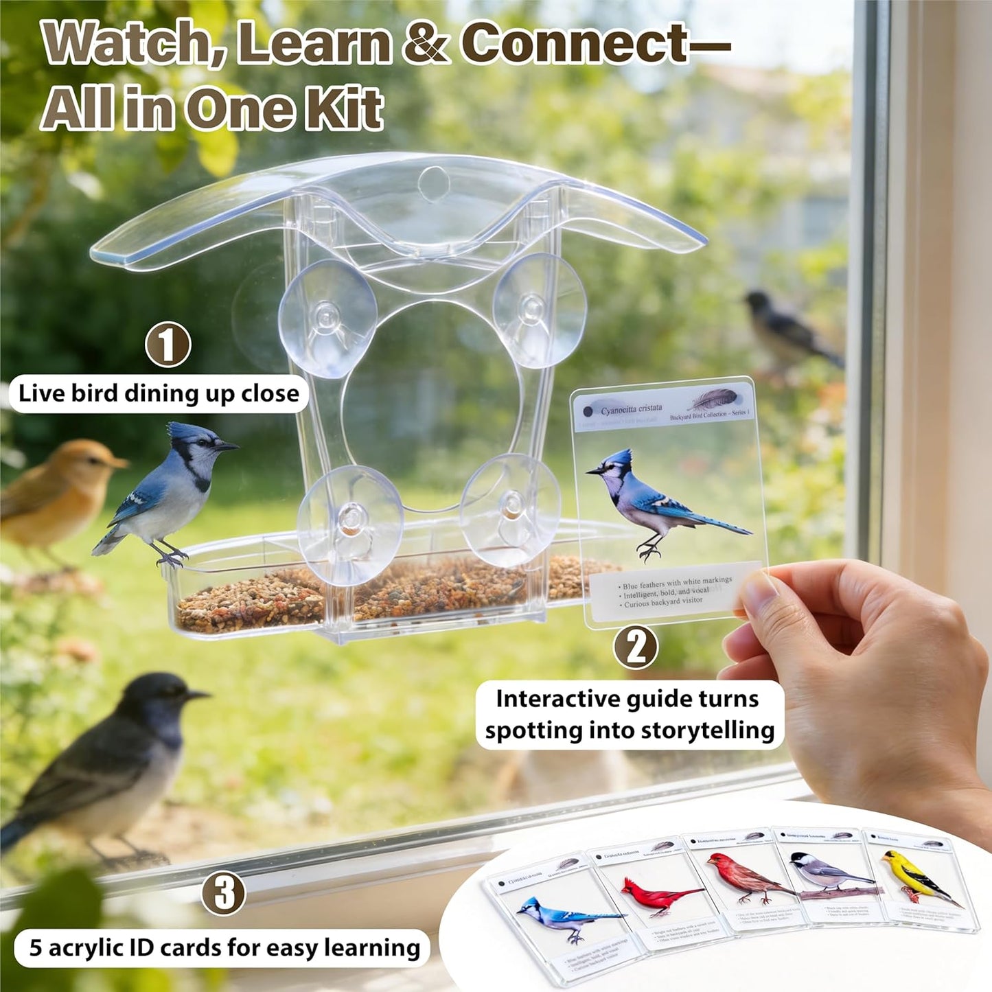 Window Bird Feeder with 5 Acrylic ID Cards - Clear Bird House for Outside with Removable Tray & Drain Holes - 4 Strong Suction Cups, Panoramic View for Wild Birds, Cat TV, Nature Gift