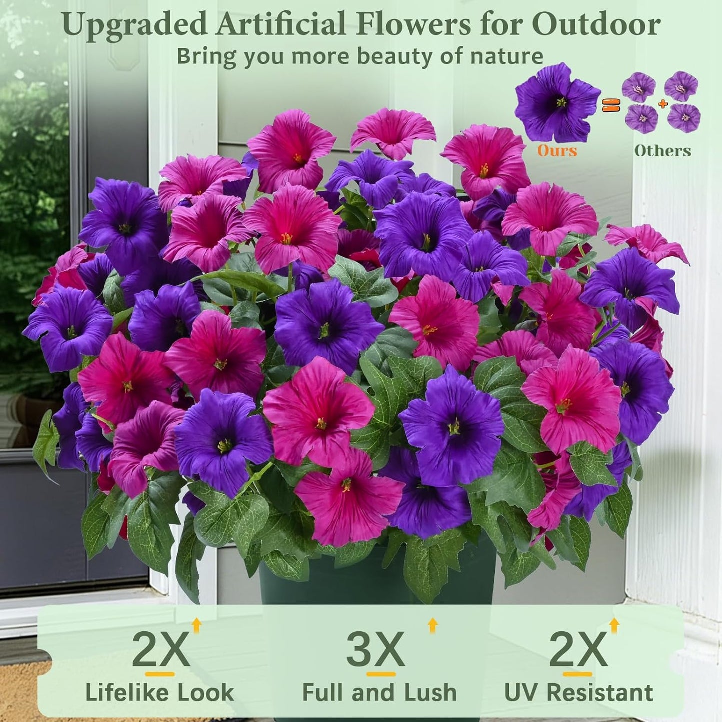 MARTINE MALL Artificial Flowers for Outdoors, 2 Potted Realistic Fake Outdoor Flowers, UV Resistant Silk Petunia Flower for Outside Look Real Faux Flower Plants in Pot for Porch Garden Decor, 20''