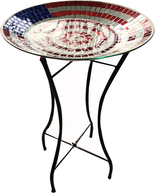 Backyard Expressions Handpainted Glass Bird Bath with Metal Stand for Outdoor, Patio, Garden - American Flag Design