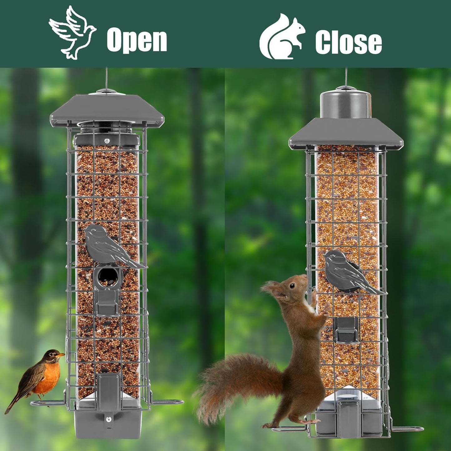 Squirrel Proof Bird Feeders for Outdoors, Metal Wild Bird Feeder for Outside Hanging, 4 Ports Perches, 3LB Large Capacity(Gray)