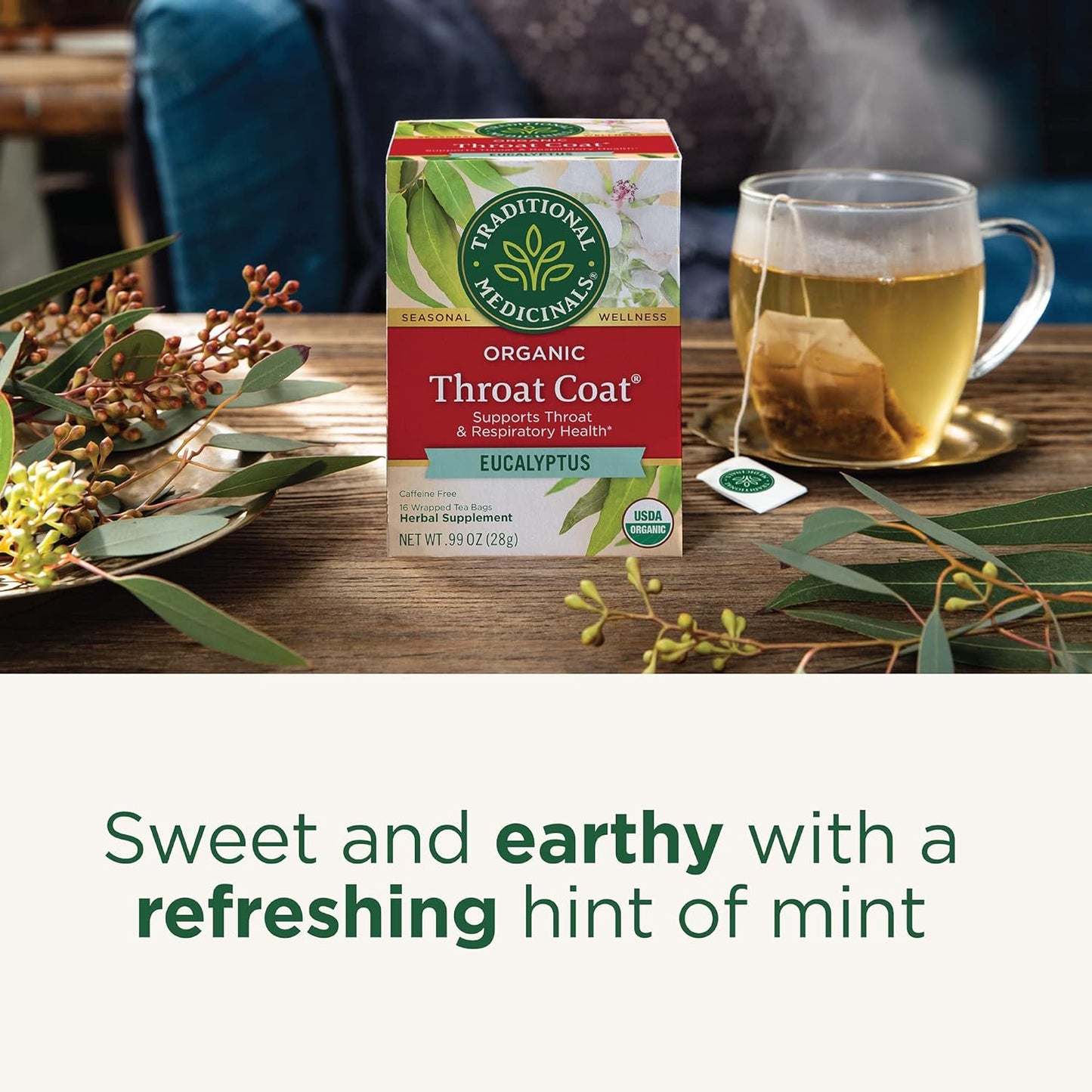 Traditional Medicinals Organic, Throat Coat Tea, Eucalyptus & Slippery Elm - Supports Respiratory and Throat Health - Kosher, Non-GMO, Caffeine-Free, Compostable - 16 Tea Bags