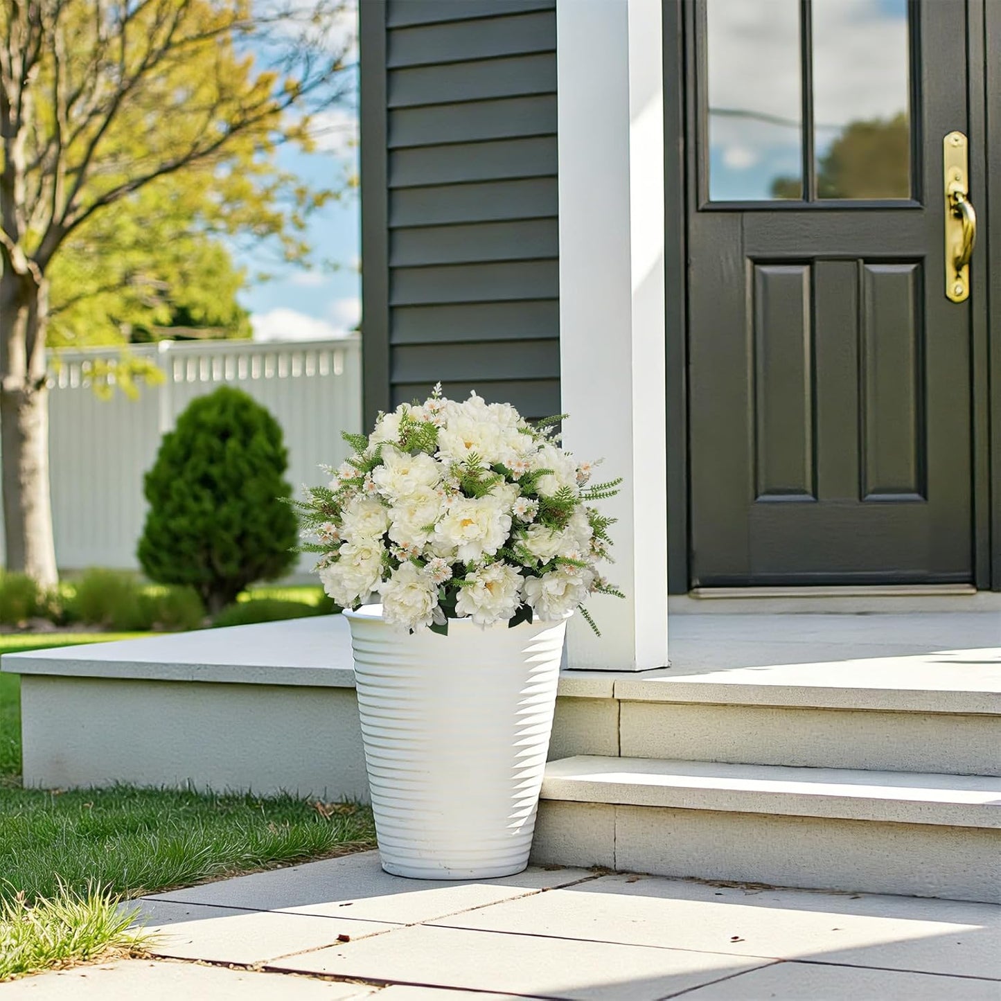 24” Artificial Flowers for Outdoors, Set of 2 Realistic Faux White Peonies in Cement Pots, UV Resistant Fake Plants Look Real for Front Porch, Entryway & Indoor Spring Decor