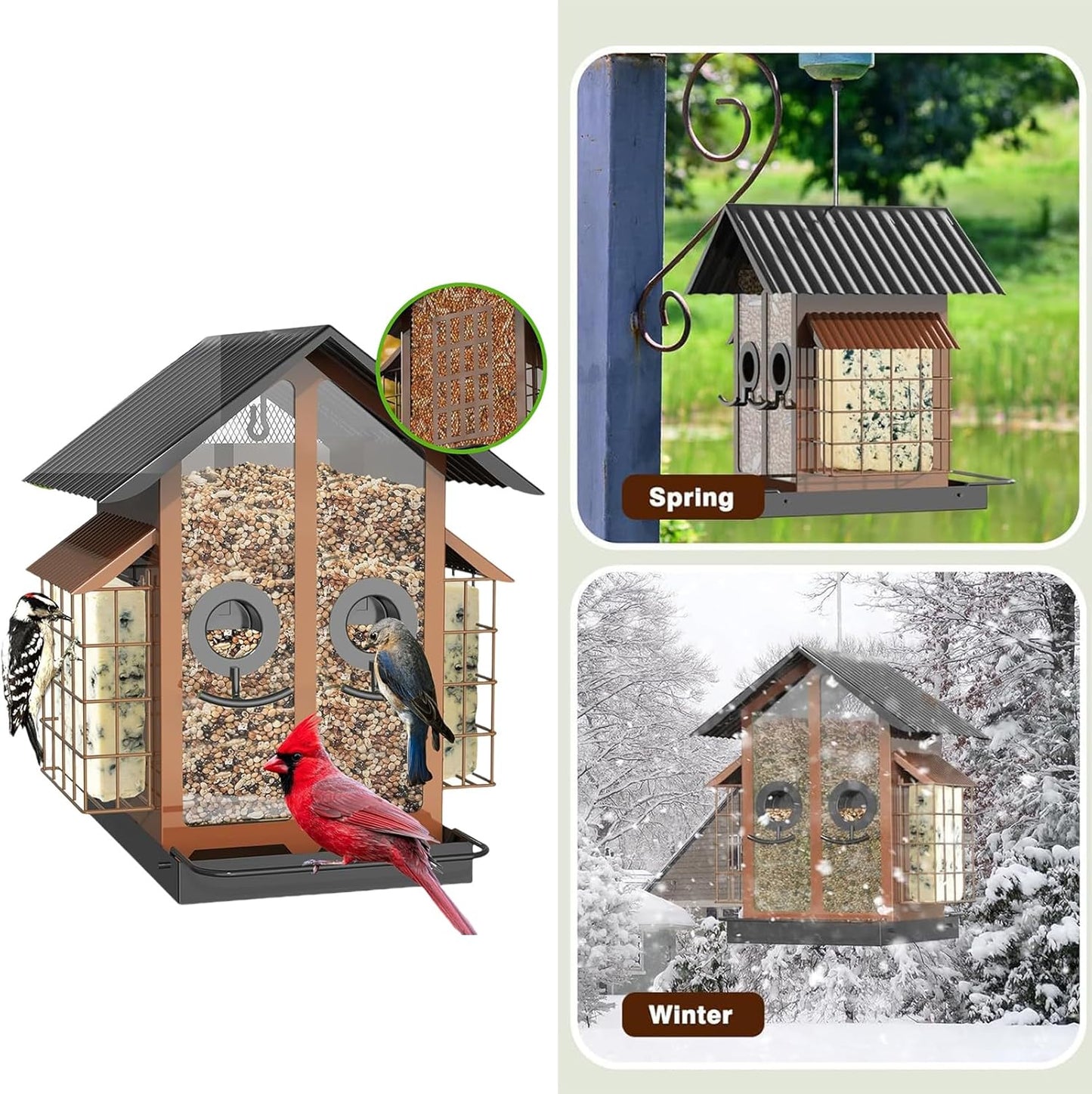 Metal Bird Feeder for Garden Yard Outside Backyard with Perch Easy Hanging Hook and Large Capacity Hanging Bird Feeder
