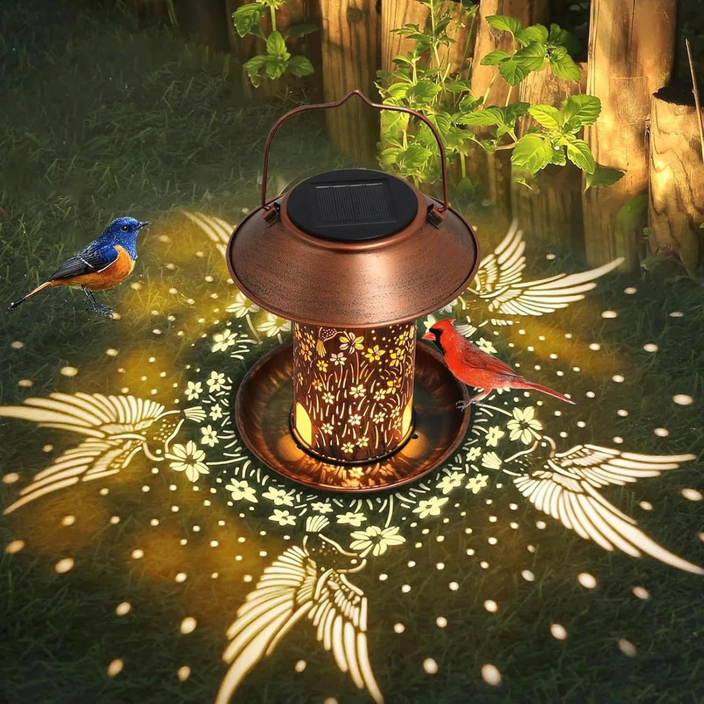 Solar Bird Feeder, Waterproof Metal Lantern Décor with Hollow Feeding Station for Balcony, Patio, Garden, Window, Deck & Lawn Wildlife