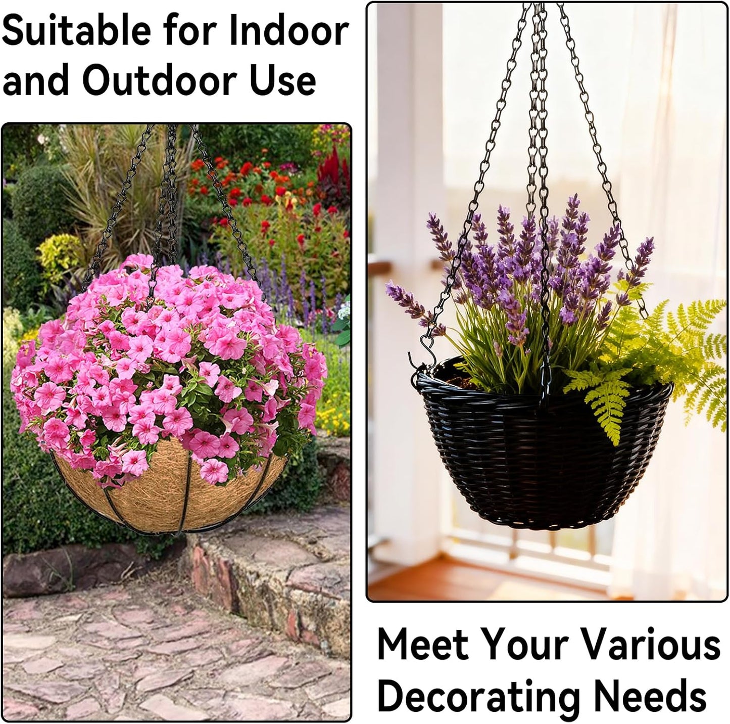 ZeeDix 4 Pack, 24 Inch Hanging Basket Chain with Hooks, Black Metal Planter Flower Pot Chain for Hanging Plants, Adjustable Replacement Chain for Lanterns, Bird Feeders and Flowers