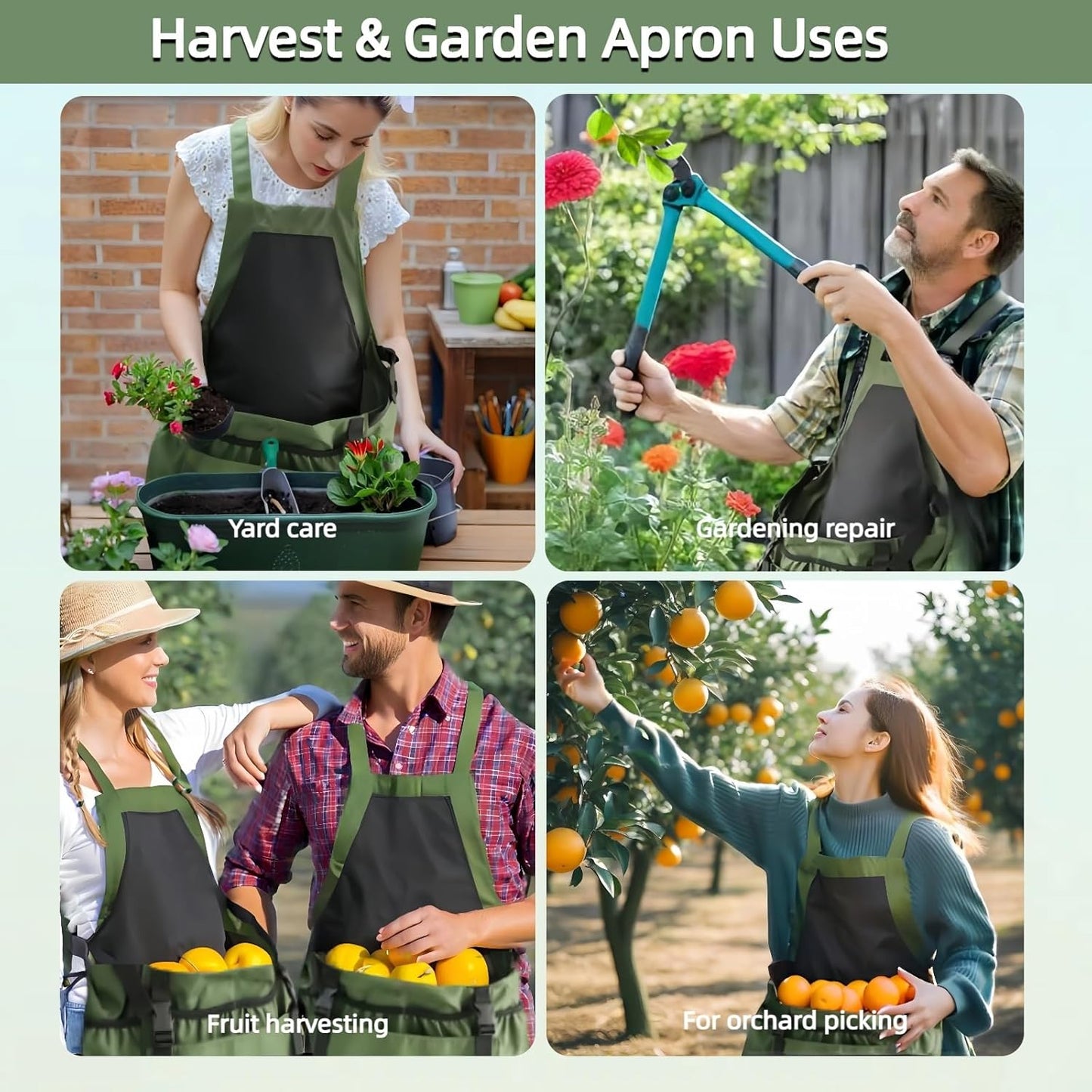 Garden Apron with Green Gloves-Adjustable Waist, Water-Repellent Garde