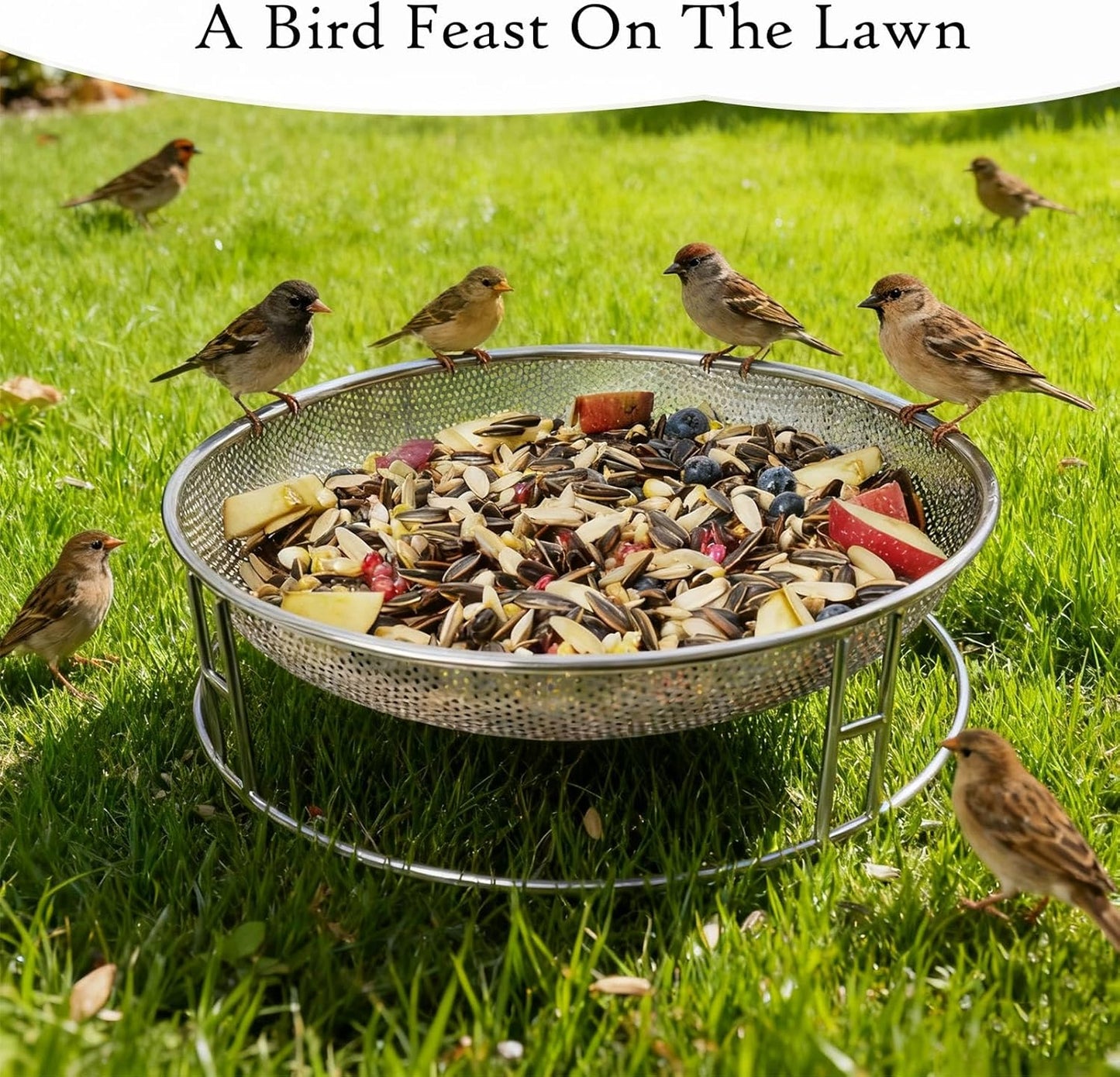 13-Inch Ground Bird Feeder, Stainless Steel Ground Feeding Platform for Wild Birds, Squirrels, Rabbits, Chicken with Additional Birdseed Feeder Tray, Attract Creatures for Backyard, Patio