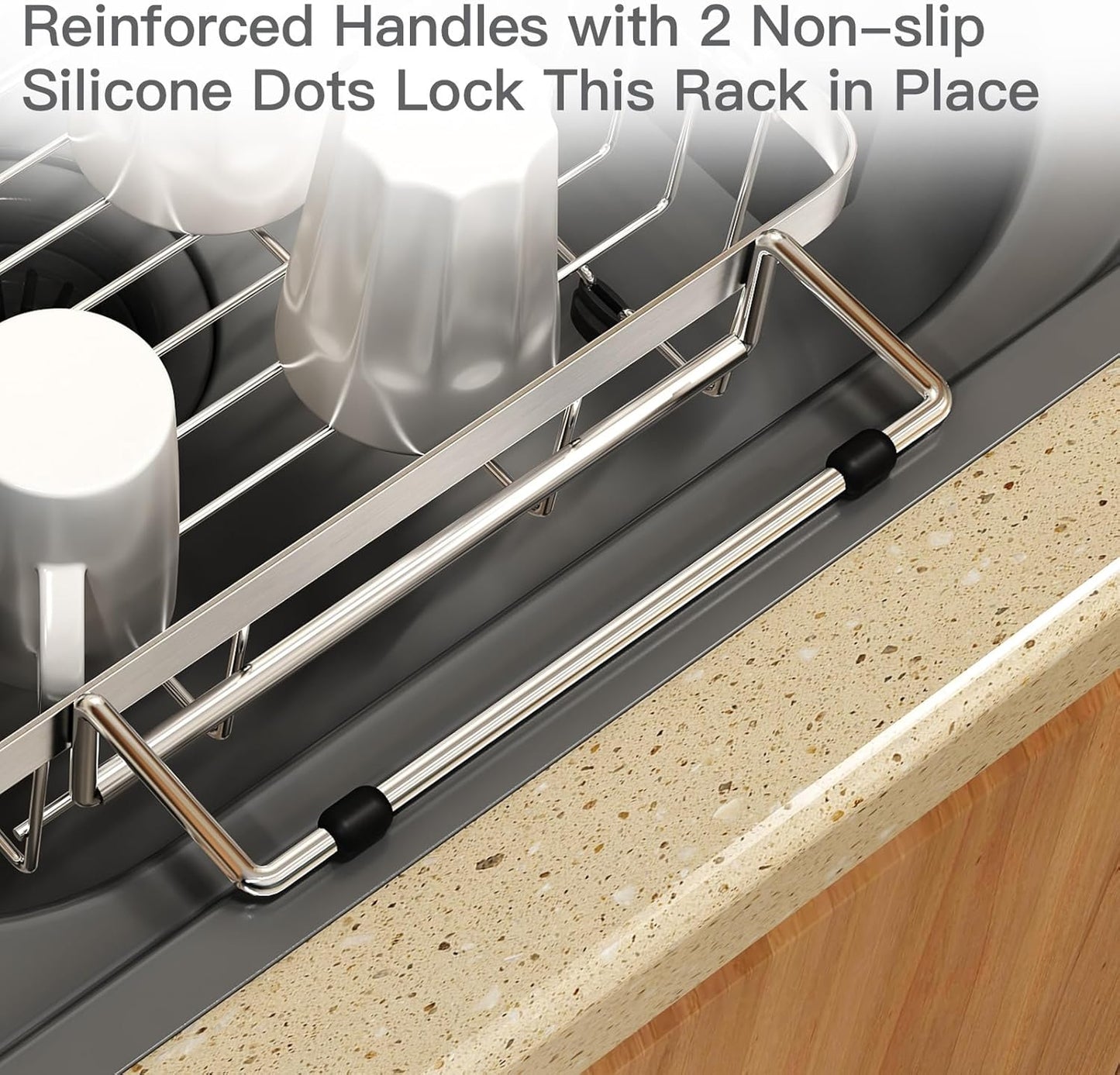 MAJALiS Expandable Stainless Steel Over The Sink Dish Drying Rack for Small Kitchen, Counter Space Saving, Hanging Compact RV Plate Drain Strainer in Silver Wire Metal with Adjustable Utensil Holder