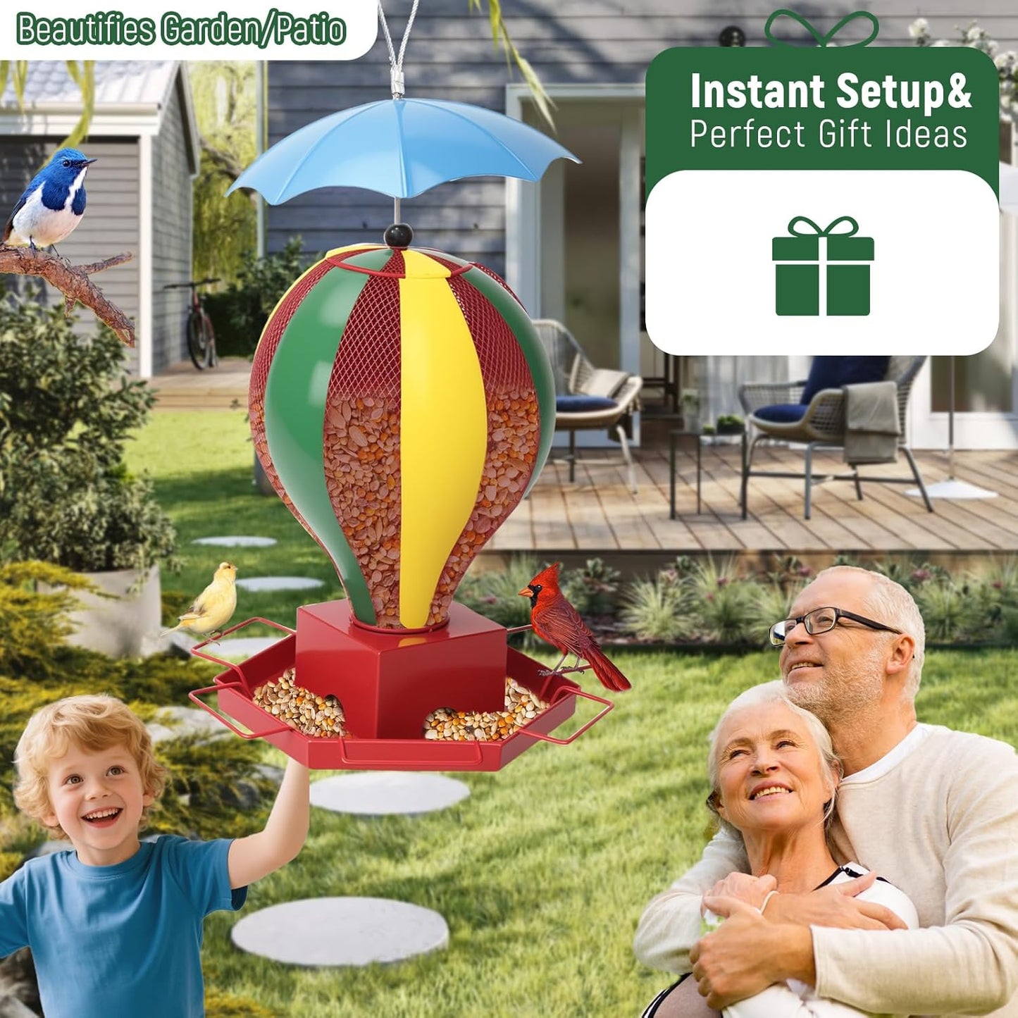 Bird Feeder for Outdoors, Squirrel Proof Outside Hanging Unique Design Birds Feeding All Metal Brushed Weather Resistant Large 6lb Capacity Feeders for Garden Use Gift Idea