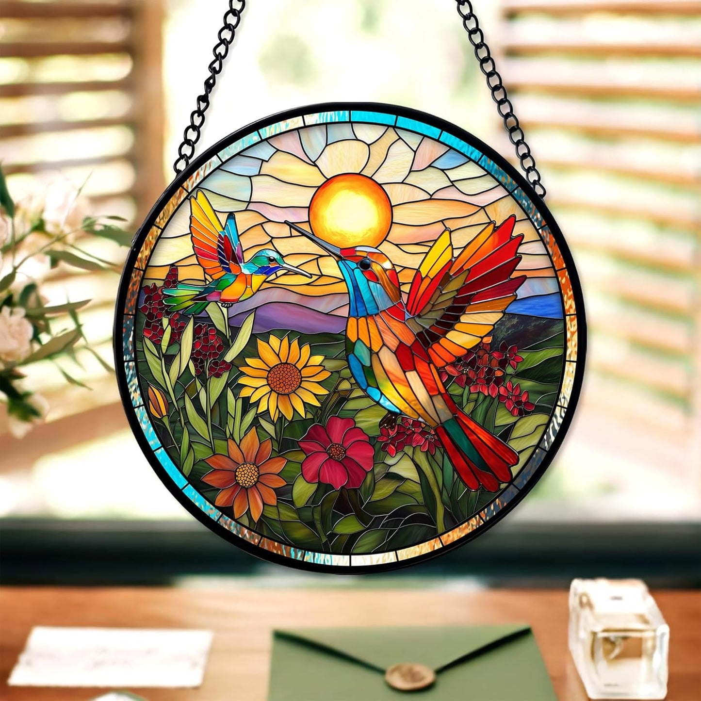 7.8'' Hummingbird Suncatcher Stained Glass Window Hanging Birds Glass Panel with Metal Chain and Hooks Suncatchers Door Home Decor Mother's Day Christmas Gift for Women Mom Nana Bird Lovers