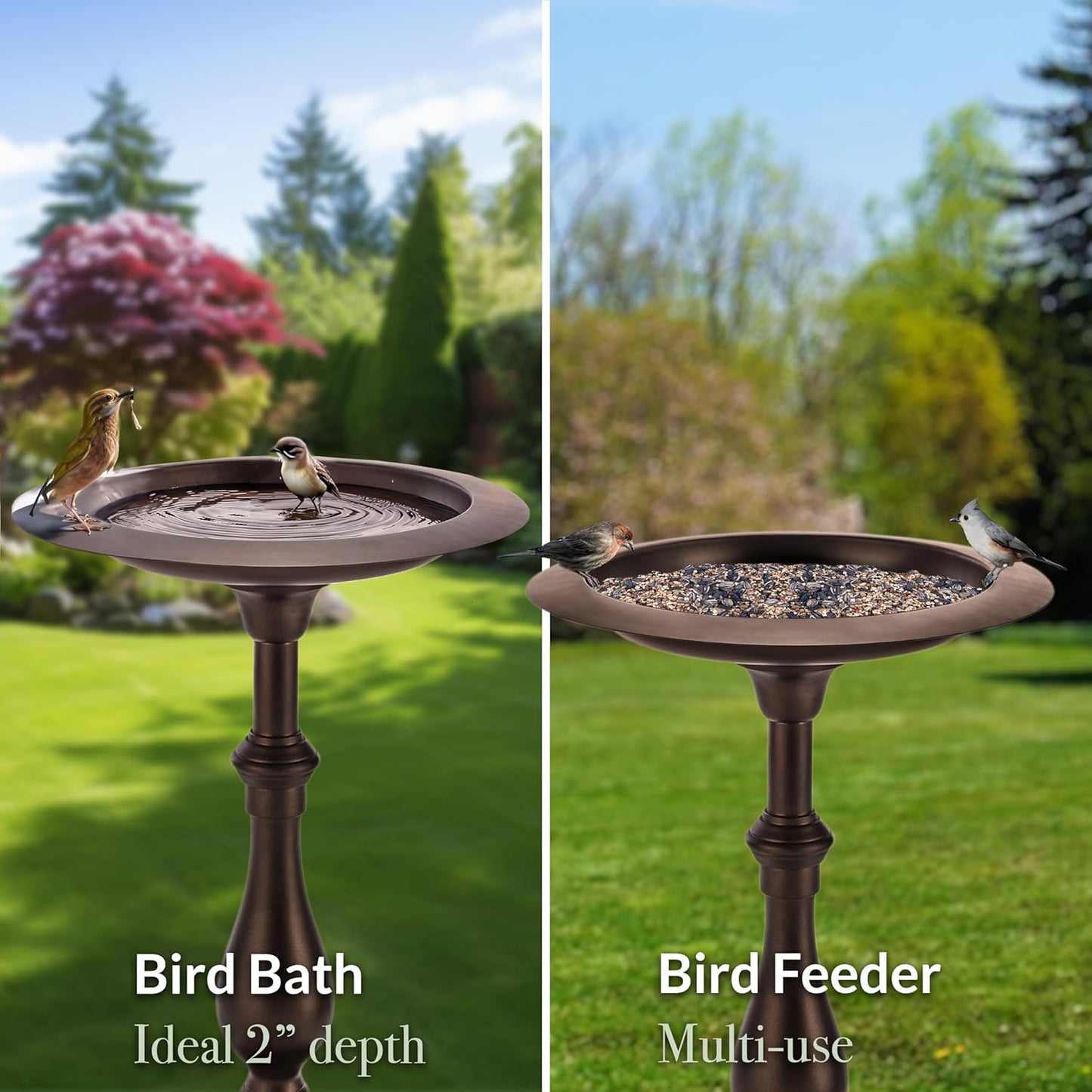 Good Directions Bronze Pedestal Bird Bath, Solid Brass Basin, Durable Aluminum Base, Includes Solar Water Fountain with Multiple Heads