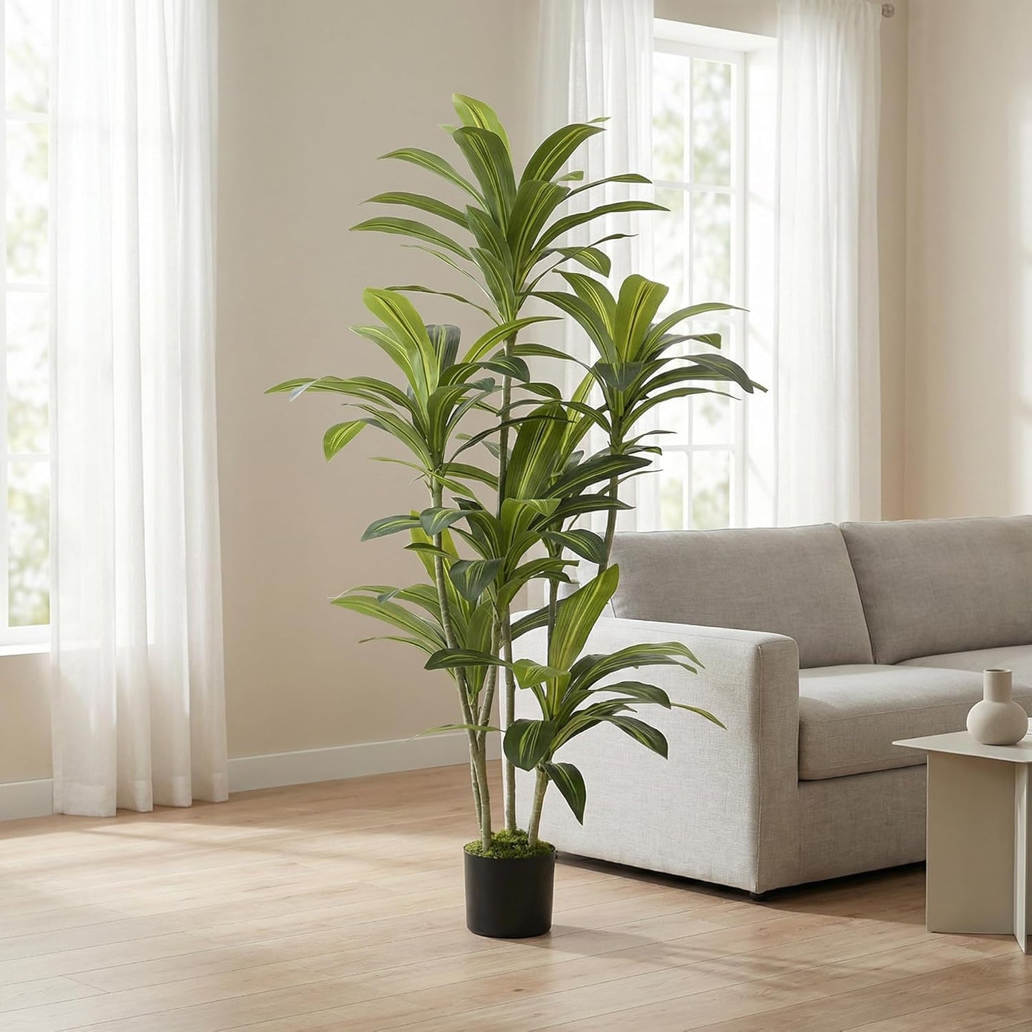 5’ (150 cm) Dracaena Artificial Tree with Small Black Pot & Moss – Realistic Natural Look, Maintenance-Free Indoor & Outdoor Plant for Home, Office, Balcony & Patio