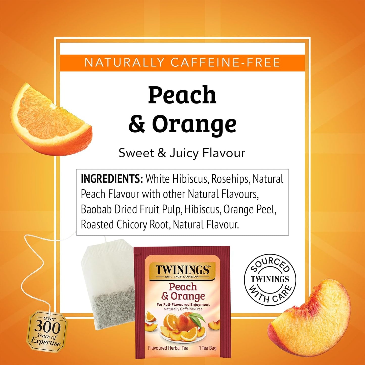 Twinings Peach & Orange Herbal Tea Individually Wrapped Bags, 20 Count (Pack of 1), Juicy & Fruity, Naturally Caffeine-Free, Enjoy Hot or Iced
