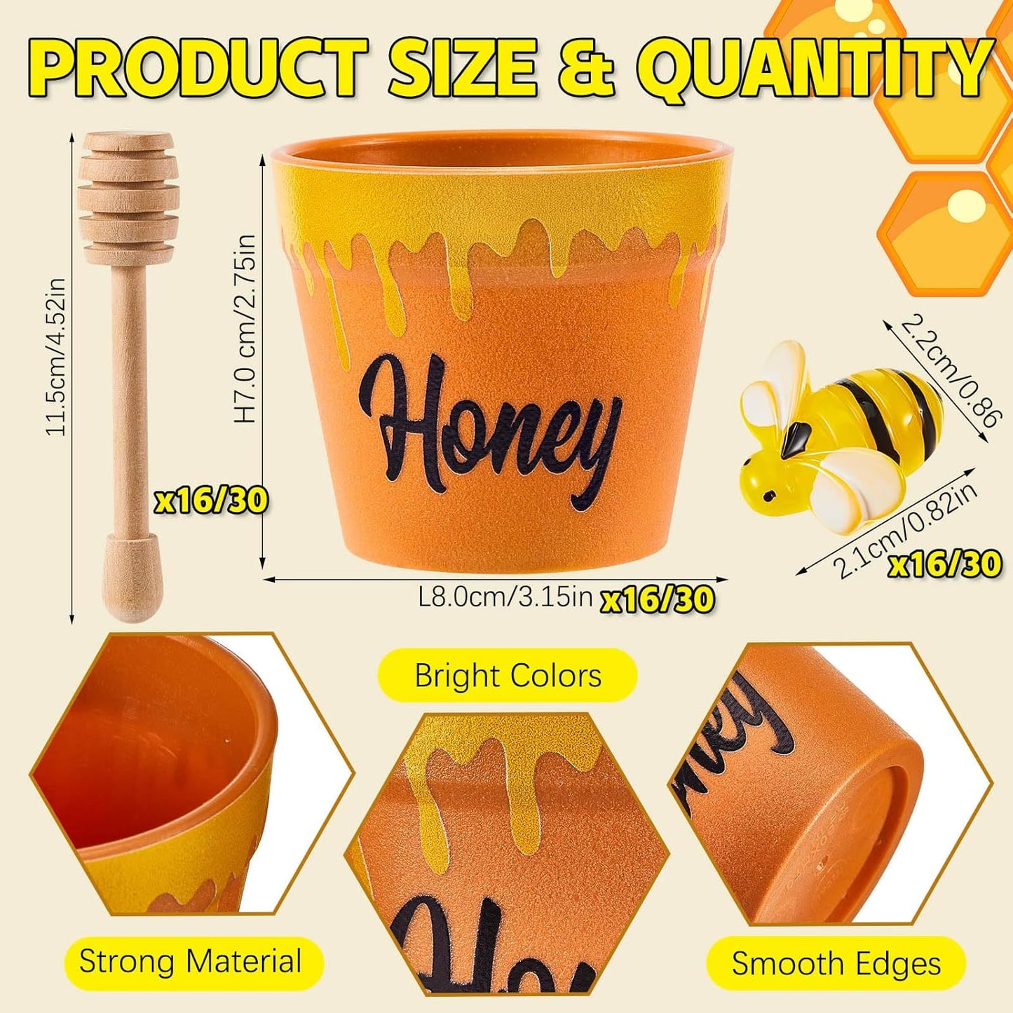 meekoo 16 Sets 16 Sets Mini Honey Bee Pots with Wooden Dippers Charms Honey Jars for Cupcake Planter Chocolate Chips bee Themed Baby Shower Favors Wedding Gifts for Guests