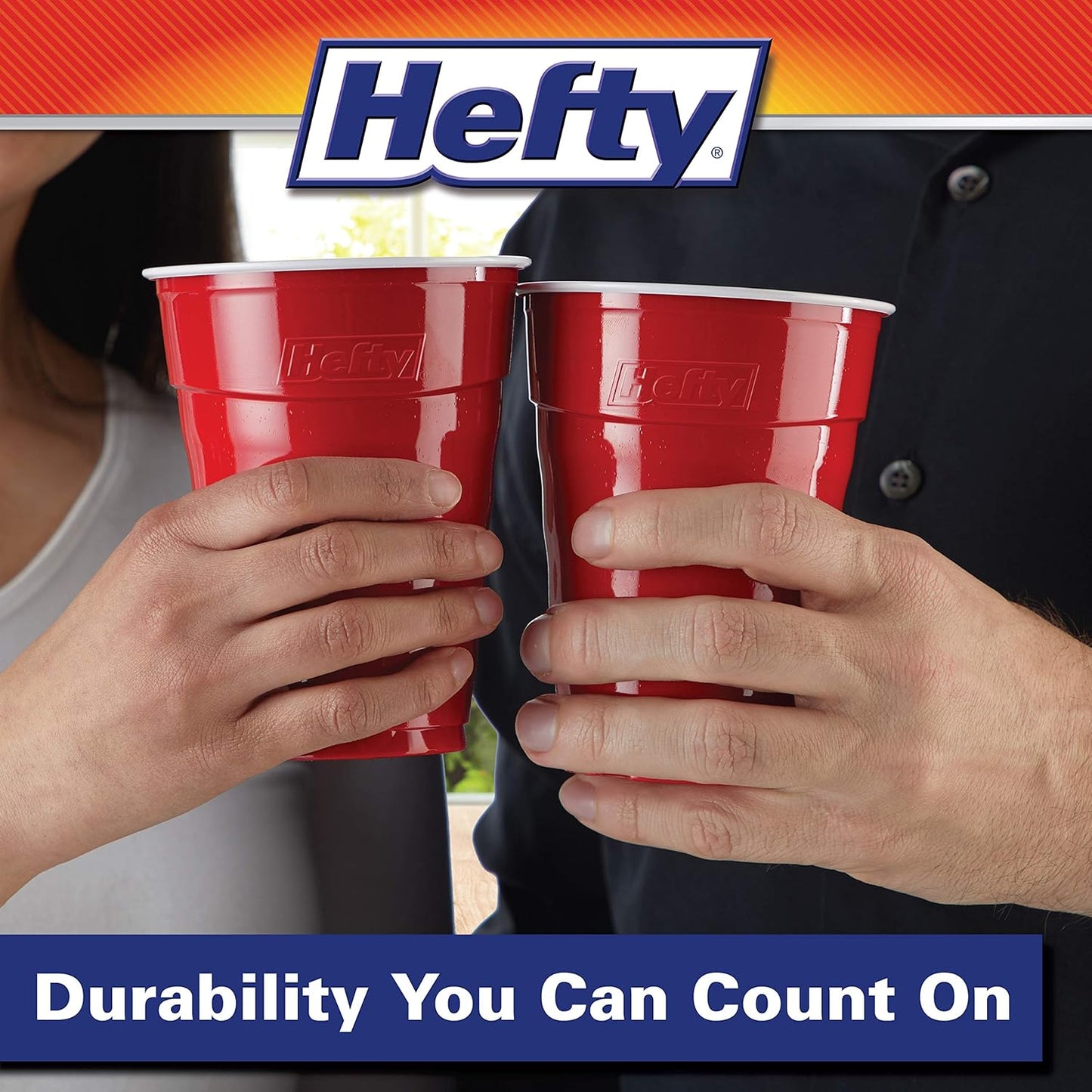 Hefty Party On Disposable Plastic Party Cups, 50 Count, 18 Oz Red Cups for Parties, Tailgates, Birthdays, Holidays, and More, Contoured Shape for Easy Gripping, Strong and Durable