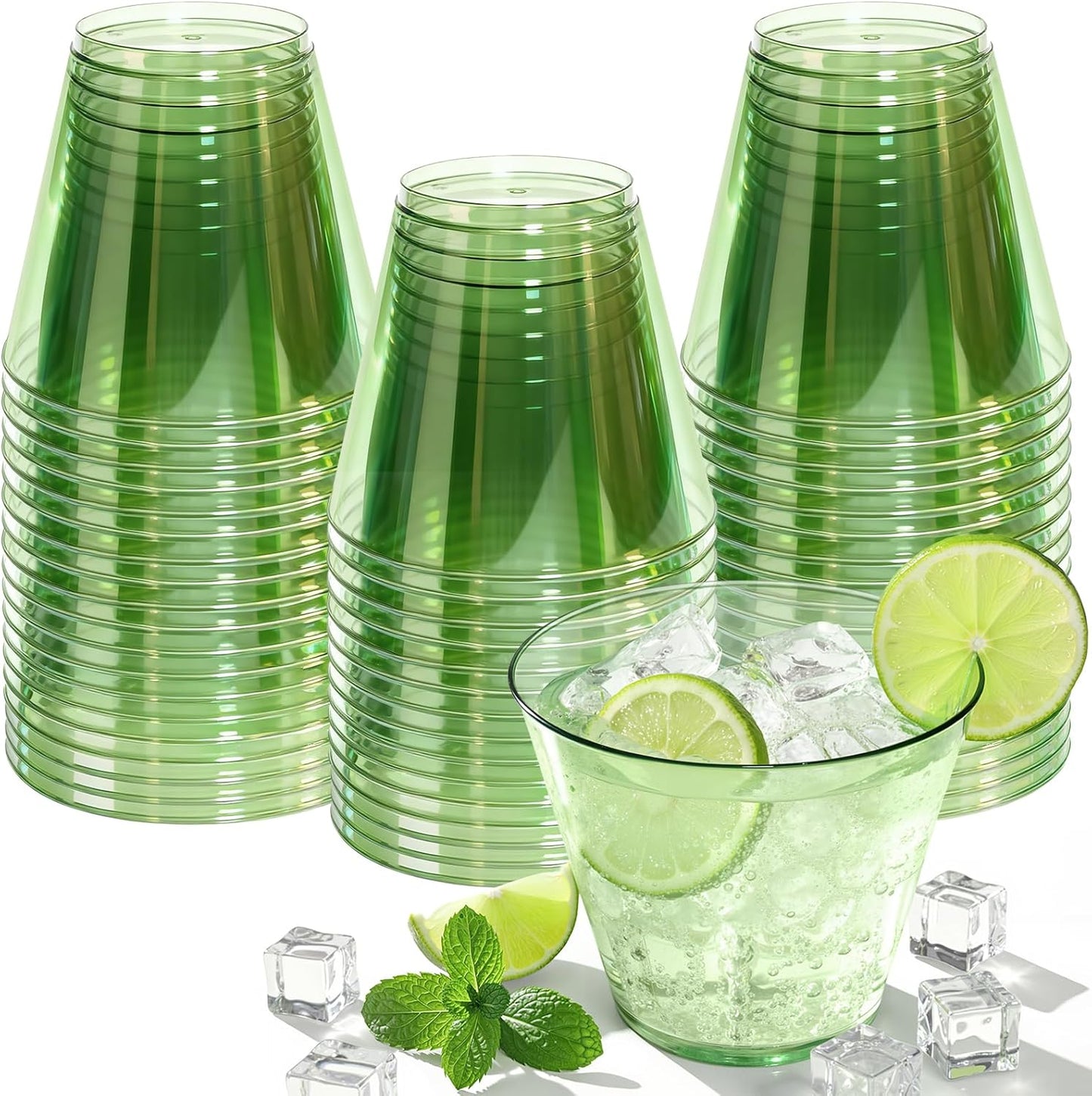 9 oz Clear Plastic Cups Green Plastic Disposable Cups for Cocktail 50 Pack Fancy Cocktail Cup for Party Stemless Wine Glasses for Easter Wedding Party Graduation Birthday