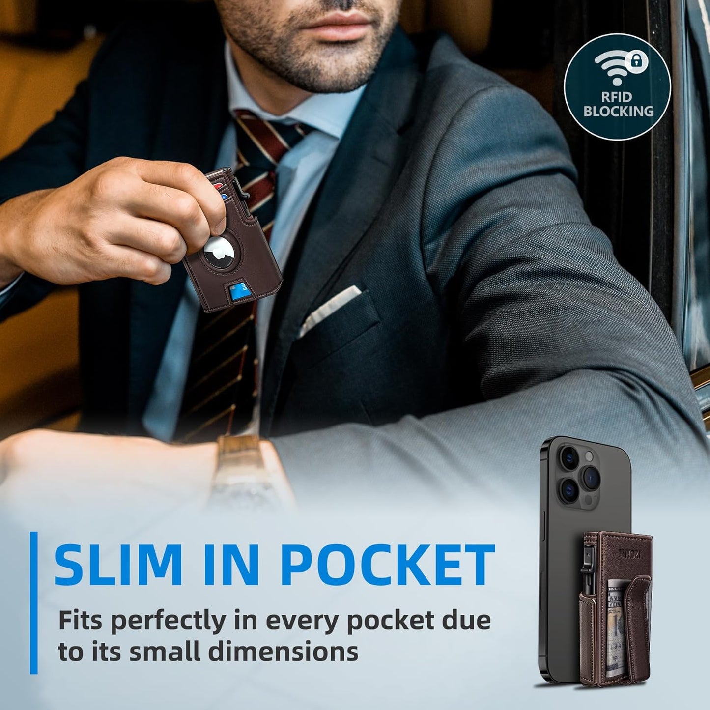 Airtag Wallet for Men,with Money Clip 10 Cards Metal Case Smart Slim P