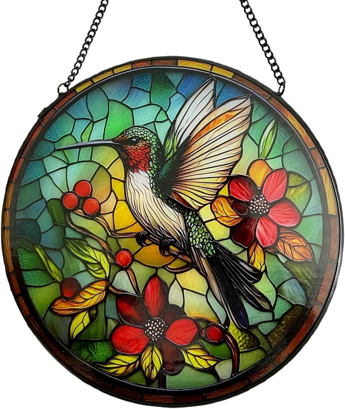 Stained Glass Hummingbird Suncatcher for Windows Hanging, 7.87x7.87 Inches Handmade Window Decor, Gift for Bird Lovers Women - Mom, Grandma, Aunt for Birthday Valentine's Day Mother's Day