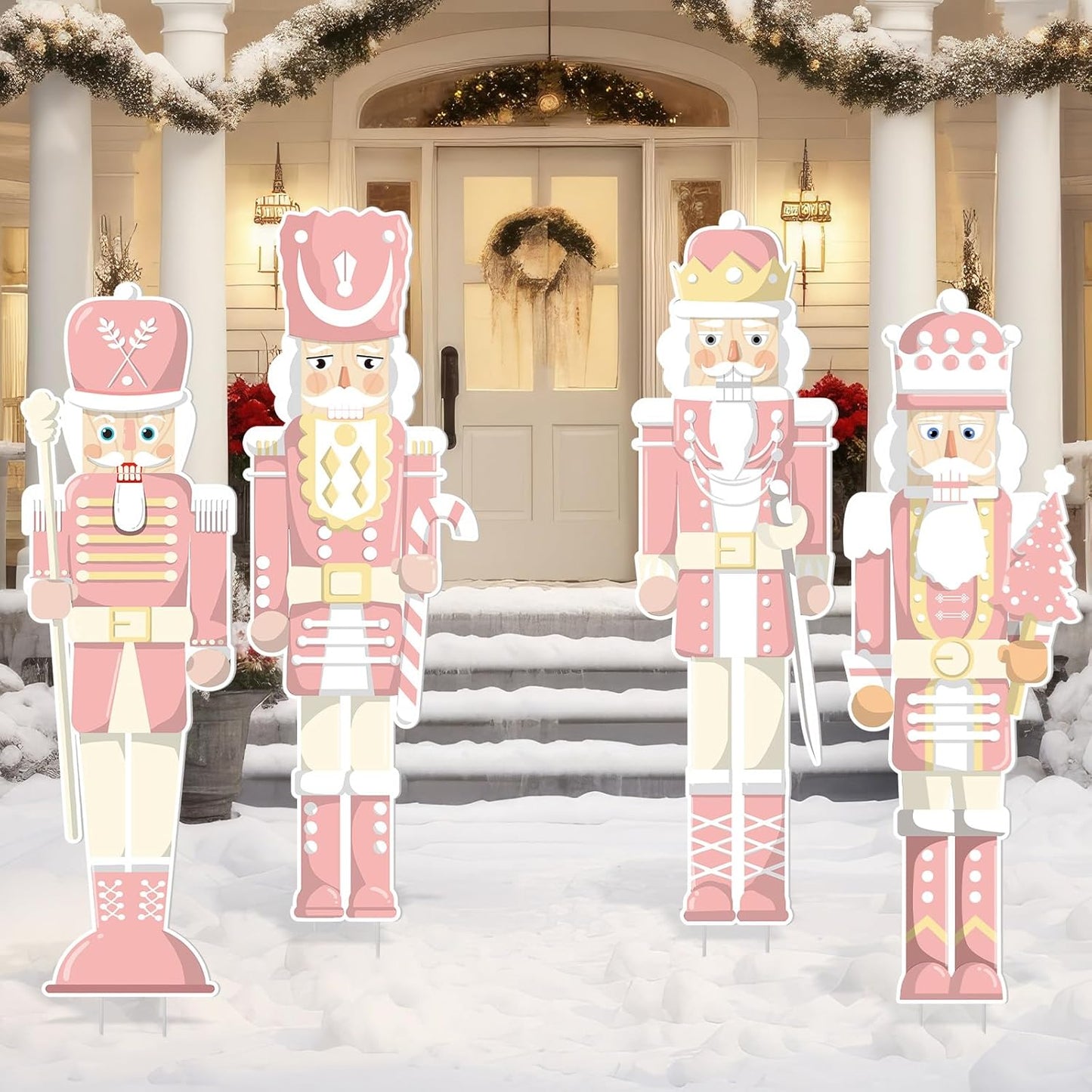 Geetery 4 Pcs Large Nutcracker Yard Sign with 16 Stakes 32 Inch Christmas Yard Decorations Outdoor Holiday Nutcracker Xmas Outside Lawn Decor for Garden Pathway Party(Pink,Cute)