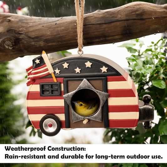 Hanging Bird House for Outside, Hand-Painted American Flag Cute Birdho