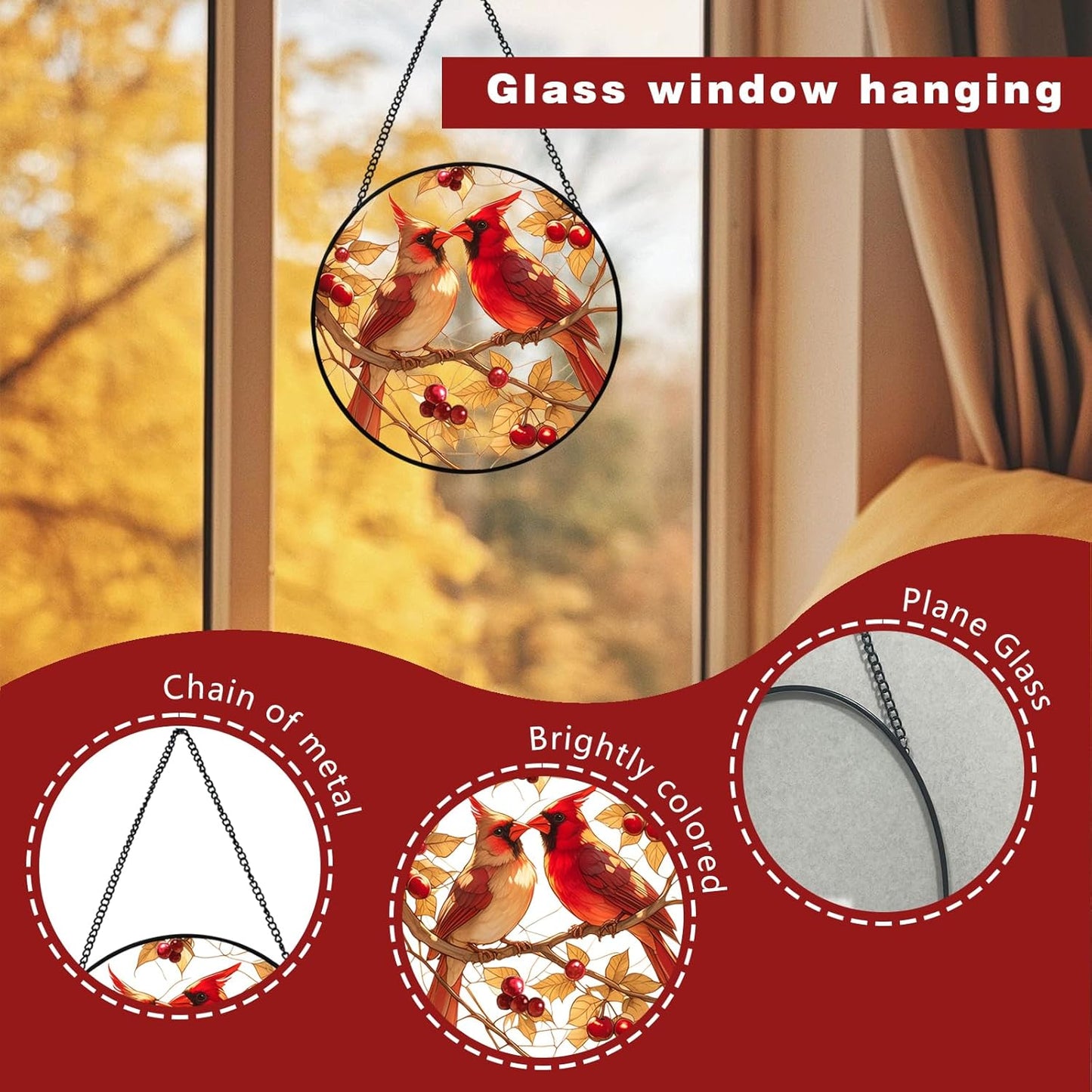 Stained Glass Style Cardinal Suncatcher, 7.87 Inch (20cm) Round Real Glass Window Hanging with Gift Box and Chain, Bird Decor Gift