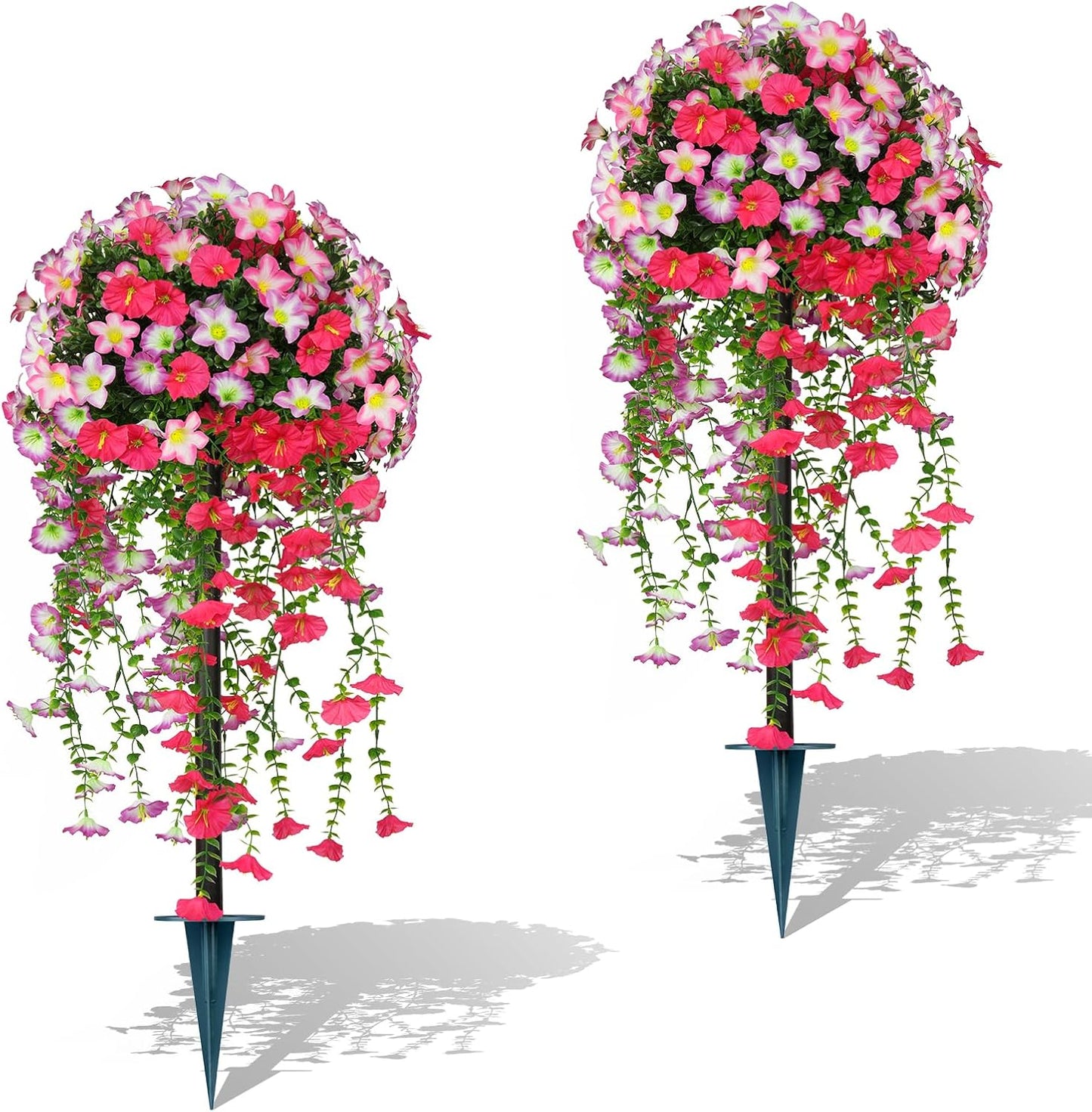 Artificial Topiary Ball Trees with Pink Morning Glory Flowers, 3FT Faux Outdoor Plants Artificial Bushes Set of 2 with Ground Spike, UV Resistant Fake Shrubs for Front Porch Garden