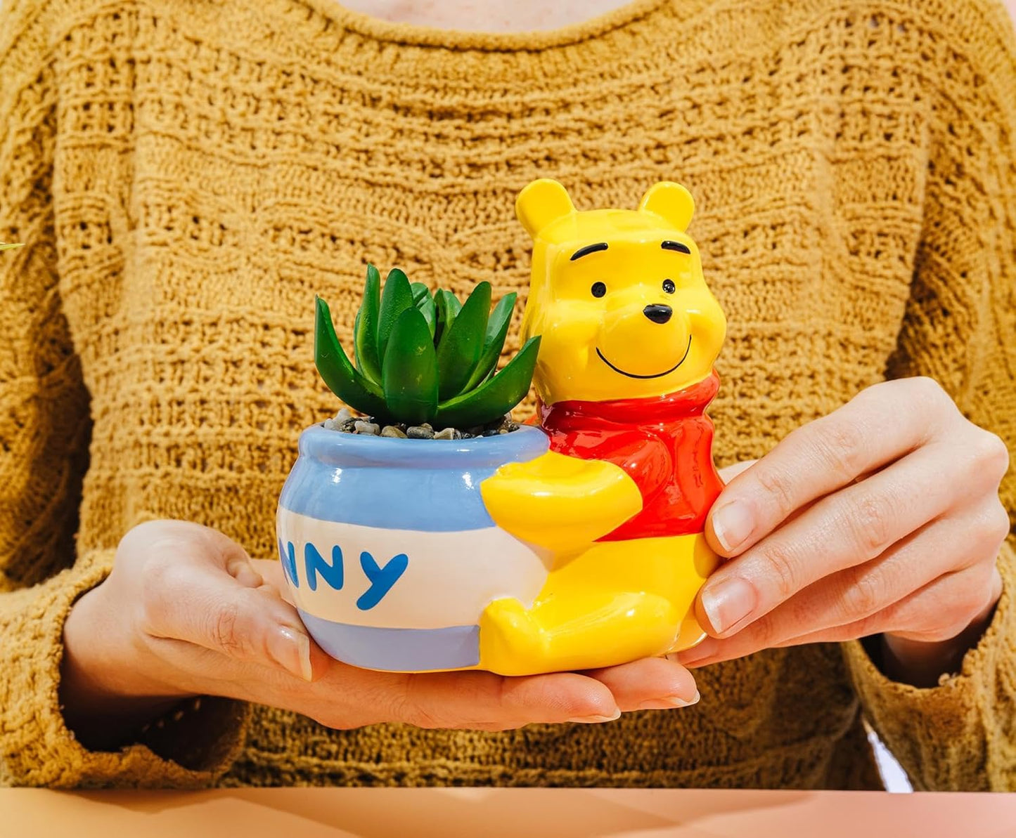 Silver Buffalo Disney Winnie The Pooh Hunny Pot 5-Inch Ceramic Mini Planter with Artificial Succulent | Cute Flower Pot, Faux Indoor Plants