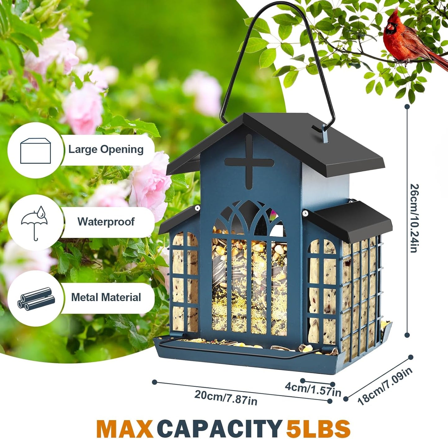 5LB Church Metal Hanging Bird Feeder for Outdoors, Weatherproof Suet Feeders for Outside Hanging, Large Bird Feeders Great for Attracting Finch, Woodpecker and More Wild Birds-White