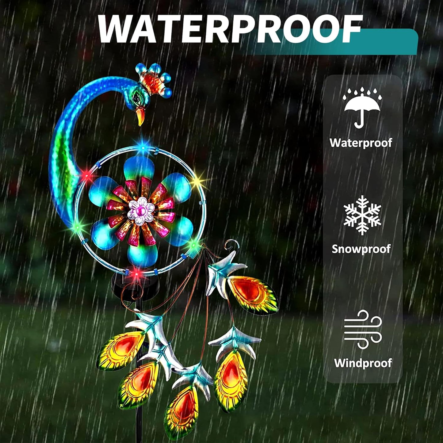 Wind Spinners Outdoor for Yard and Garden - Wind Sculptures & Spinners - 41 Inch Wind Spinner with Solar Powered Multi-Color Light for Yard Garden Backyard Lawn Peacock Decorations