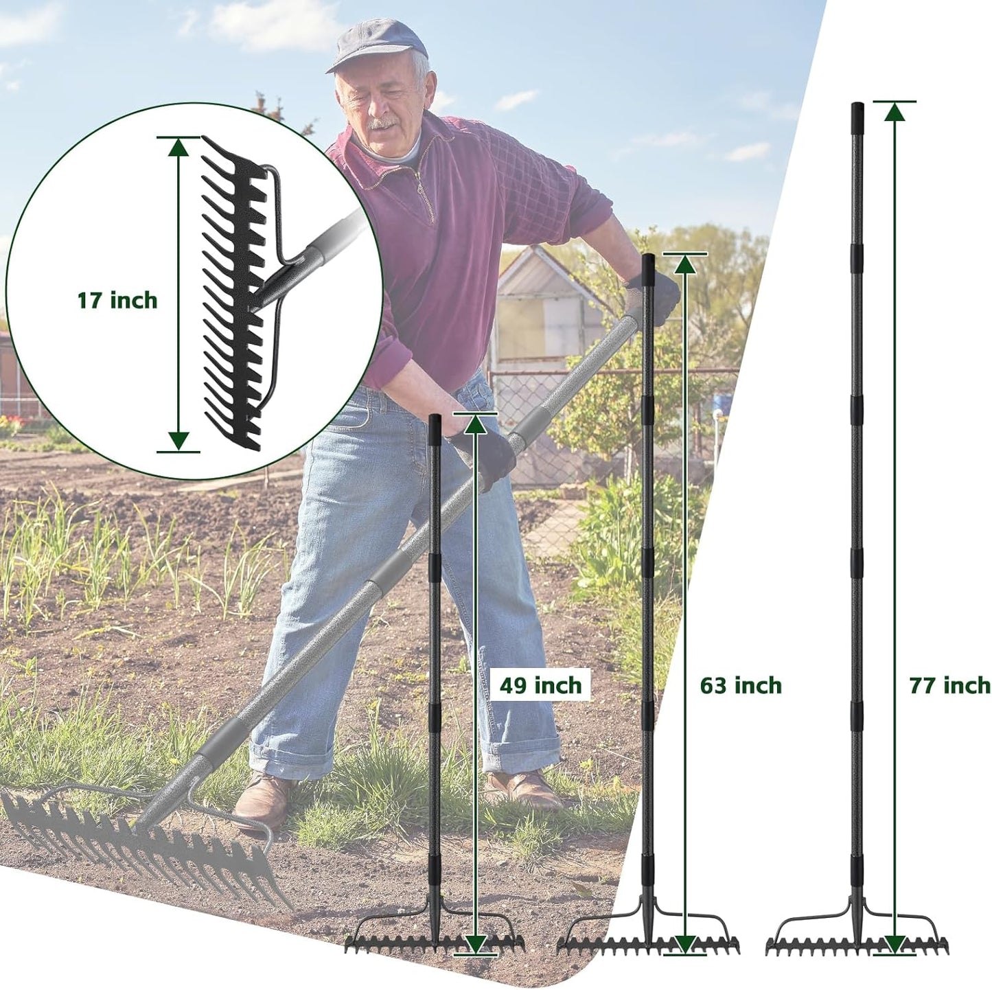 63'' Bow Rake ，17 Tines Metal Head Rakes with Stainless Steel Handle，H
