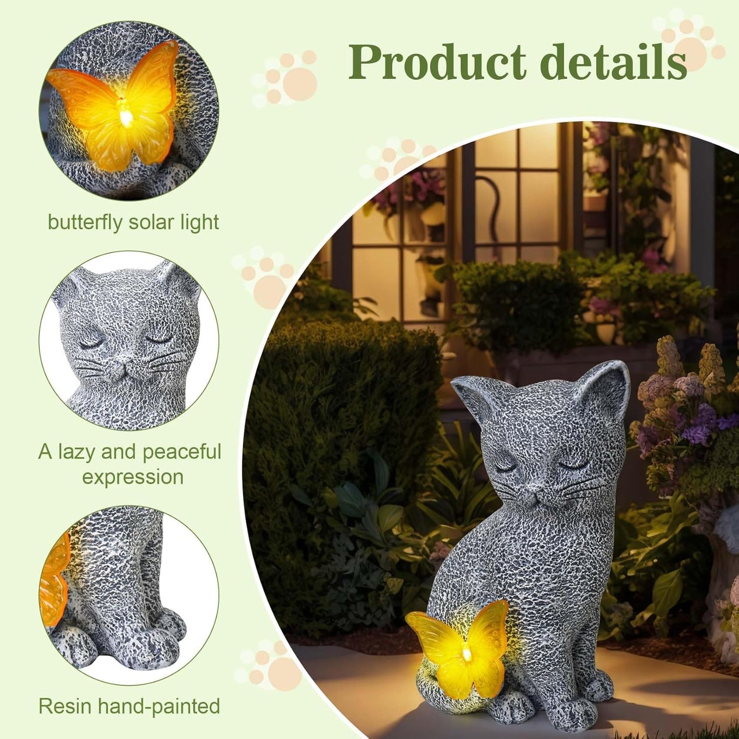 Solar Cat Garden Decor with Butterfly Light, Outdoor Decor Statues Yard Art Decorations Lawn Porch Patio Balcony, Gardening Gifts Birthday Choice for Cat Lover Women, Mom, Grandma