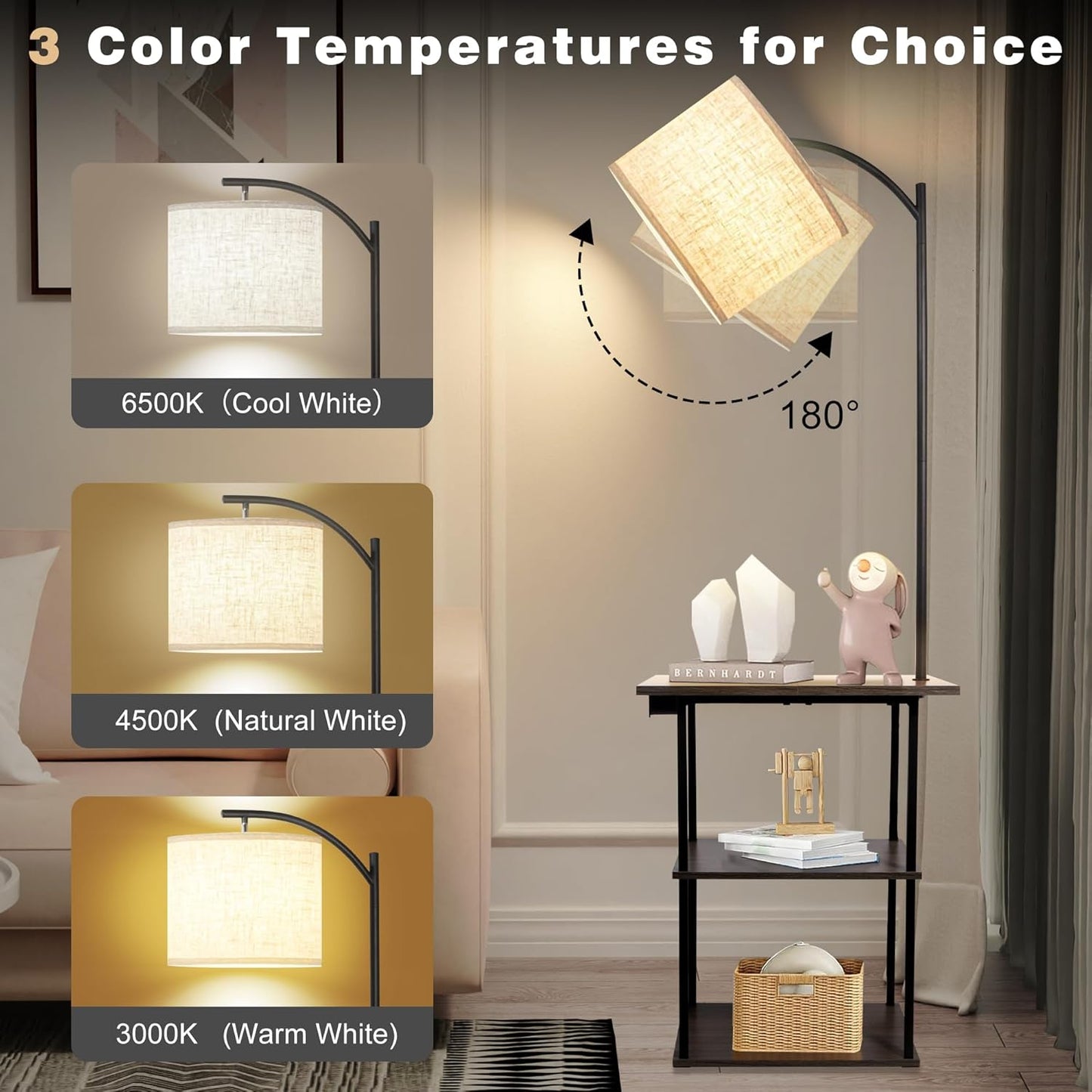 PESRAE Floor Lamp with Table, End Tables with Charging Station(USB & T