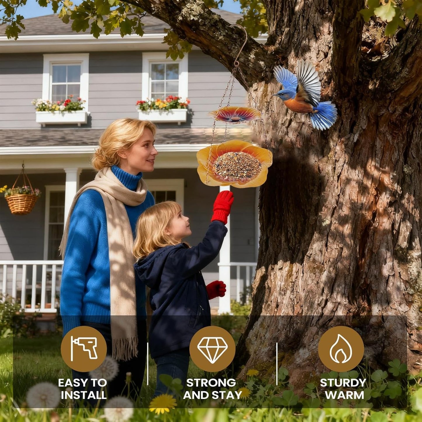 Wild Bird Feeders, Weatherproof Flower Shaped Tray, Metal Double Layer Bird Feeder for Outdoors, Powder Coated Material with Drainage Holes, Pet Feeding Accessory with Stable Base, Home Garden Aviary